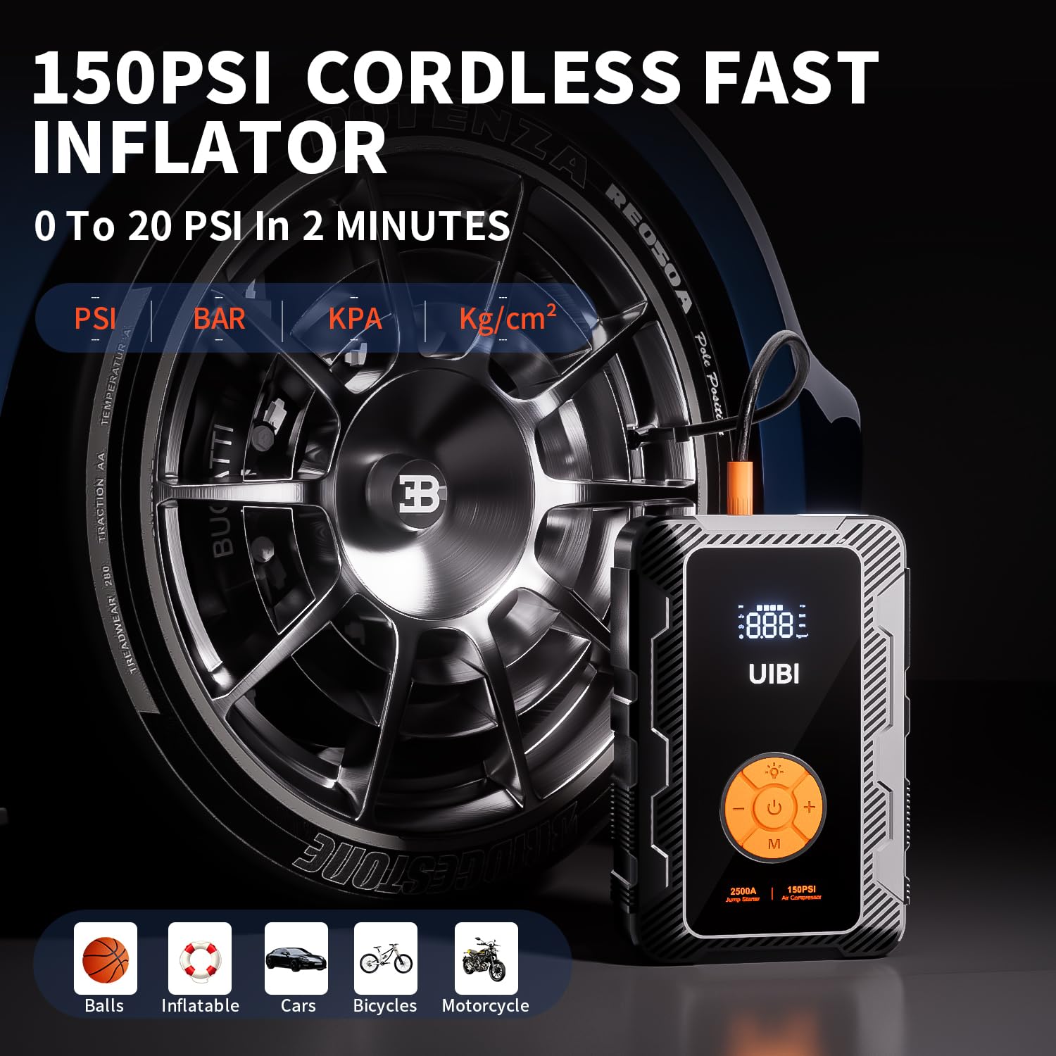 UIBI X6 Jump Starter & Air Compressor 150PSI, 2500A, 20000mAh, Portable Battery Charger for Gas & Diesel Engines, X6-Orange