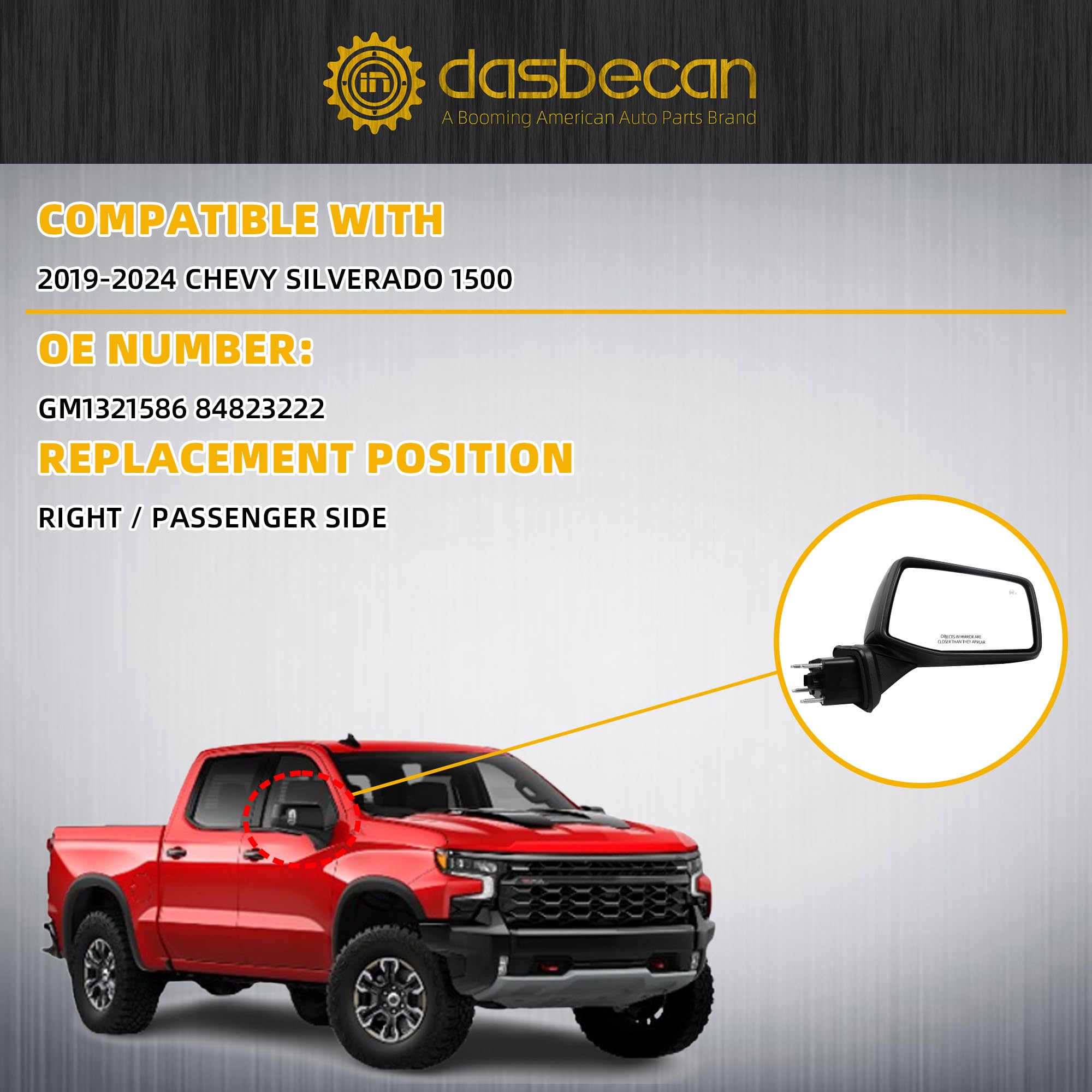 Dasbecan Right Passenger Side Mirror Compatible with 2019-2024 Chevy Silverado 1500 With Power Glass/Temperature Sensor/LED Turn