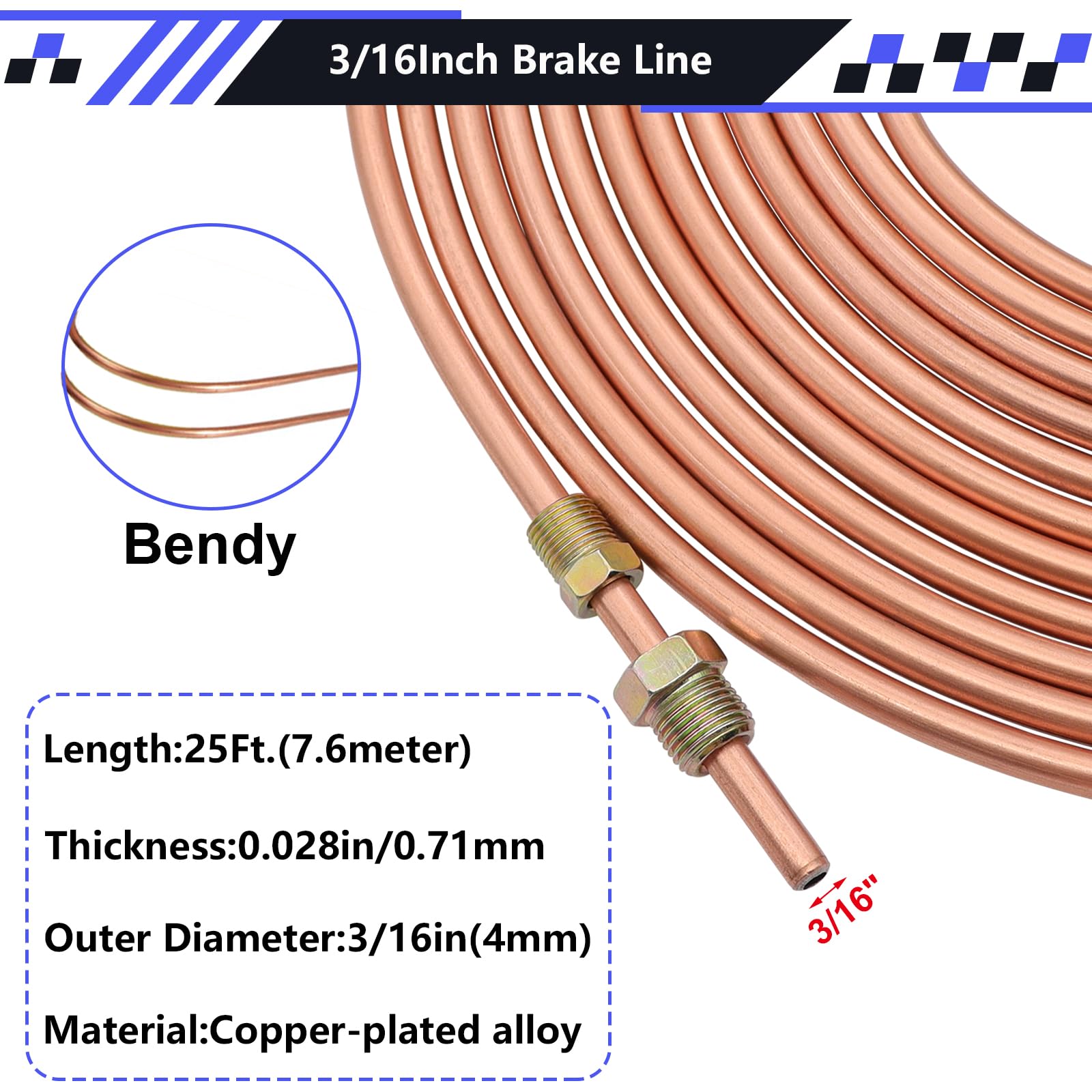 smseace 2Sets 25Ft. 3/16'' Brake Line Tubing Kit with Brake Line Fittings(Includes 32pcs Fittings and 4pcs Unions+8pcs Nuts) Cop