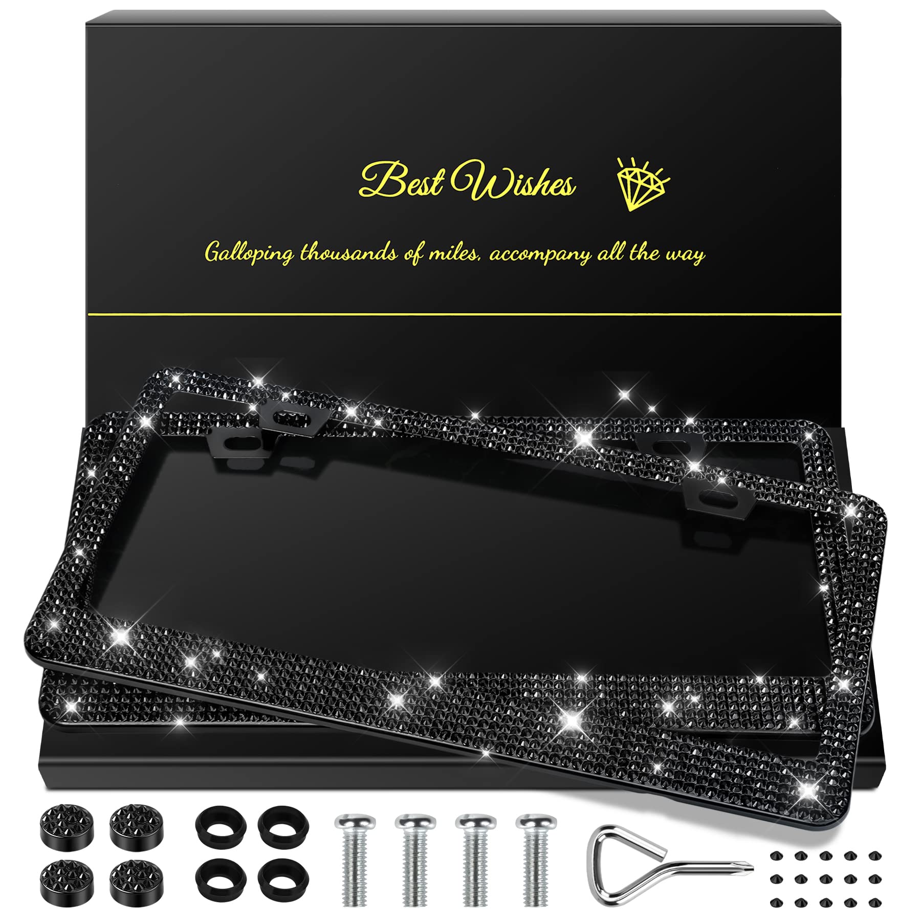 Quanqiufei 2 Pack Bling License Plate Frames For Women, Sparkly Rhinestone Diamond Car Accessories With Glitter Crystal Caps (Bl