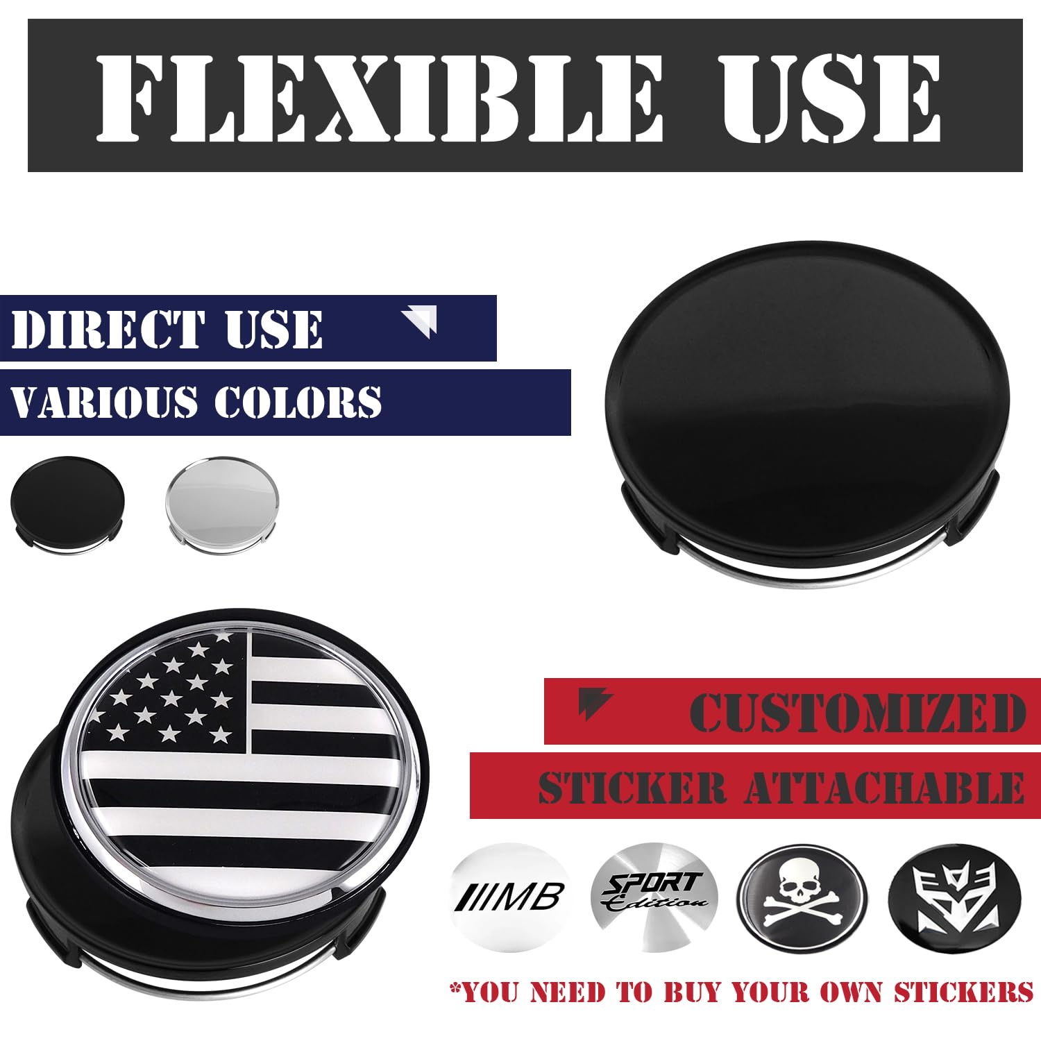 Kitspro 2.9Inch 75Mm Wheel Center Caps, Pack Of 4 (Gloss Black, Outer 75Mm, Inner 73Mm)