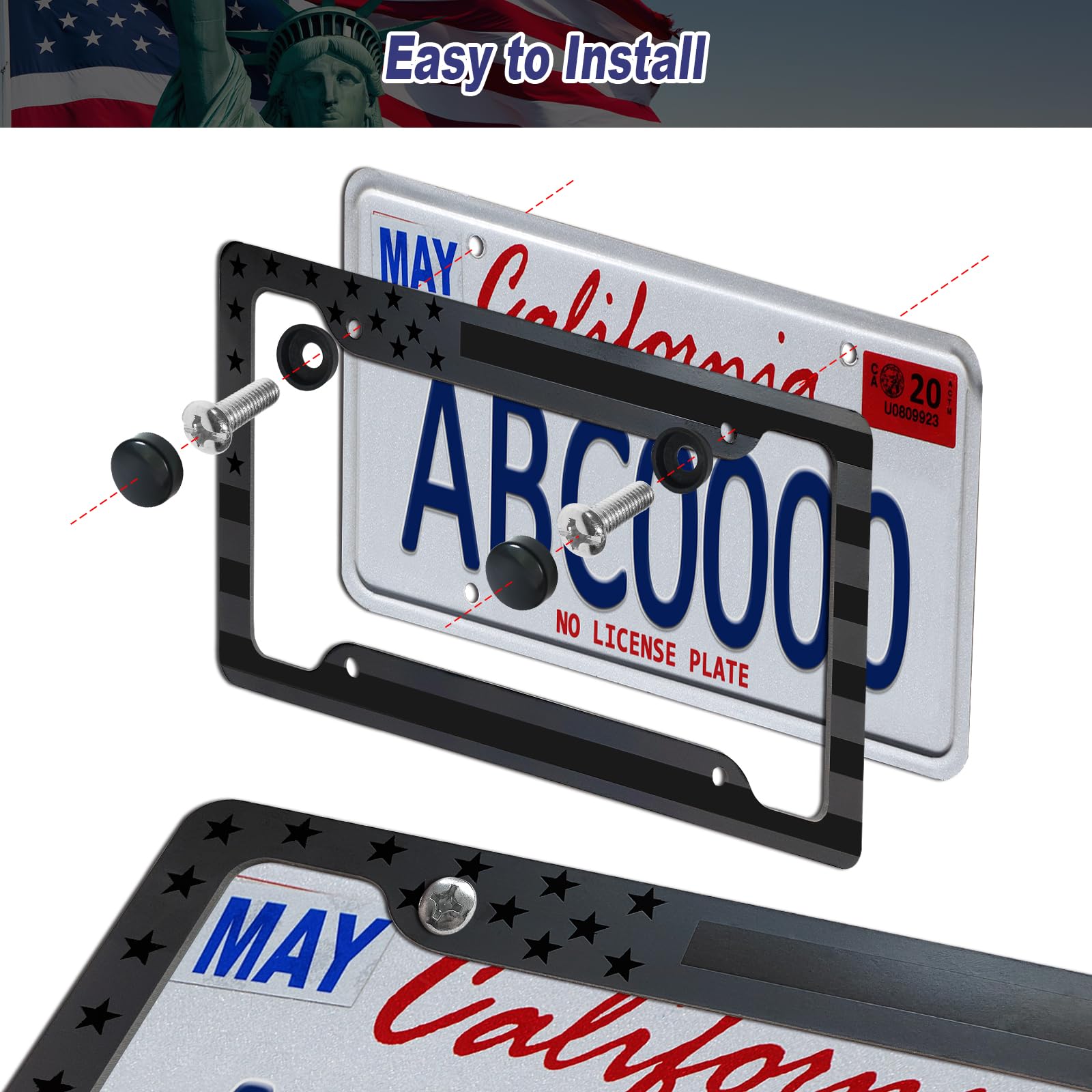 Bggtmo American Flag License Plate Frames- 2 Pack Black Grey Patriotic Usa Aluminum Car Tag Holder Cover For Front Rear, With Sc