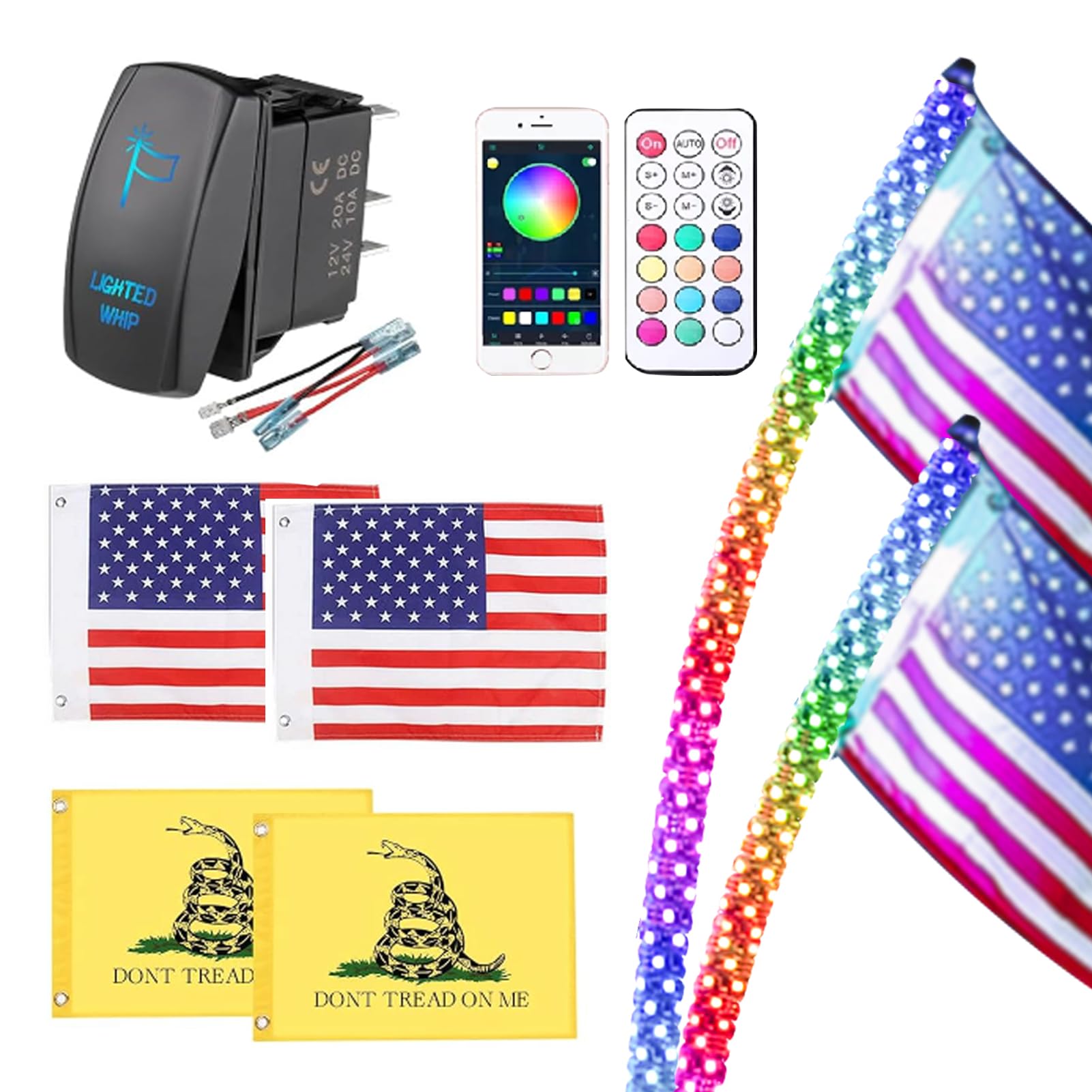 Arnzion LED Whip Lights, 2PCS 3FT Lighted Whips with App & Remote Control, Whip Lights for Side by Side with Turn Light, RGB Cha