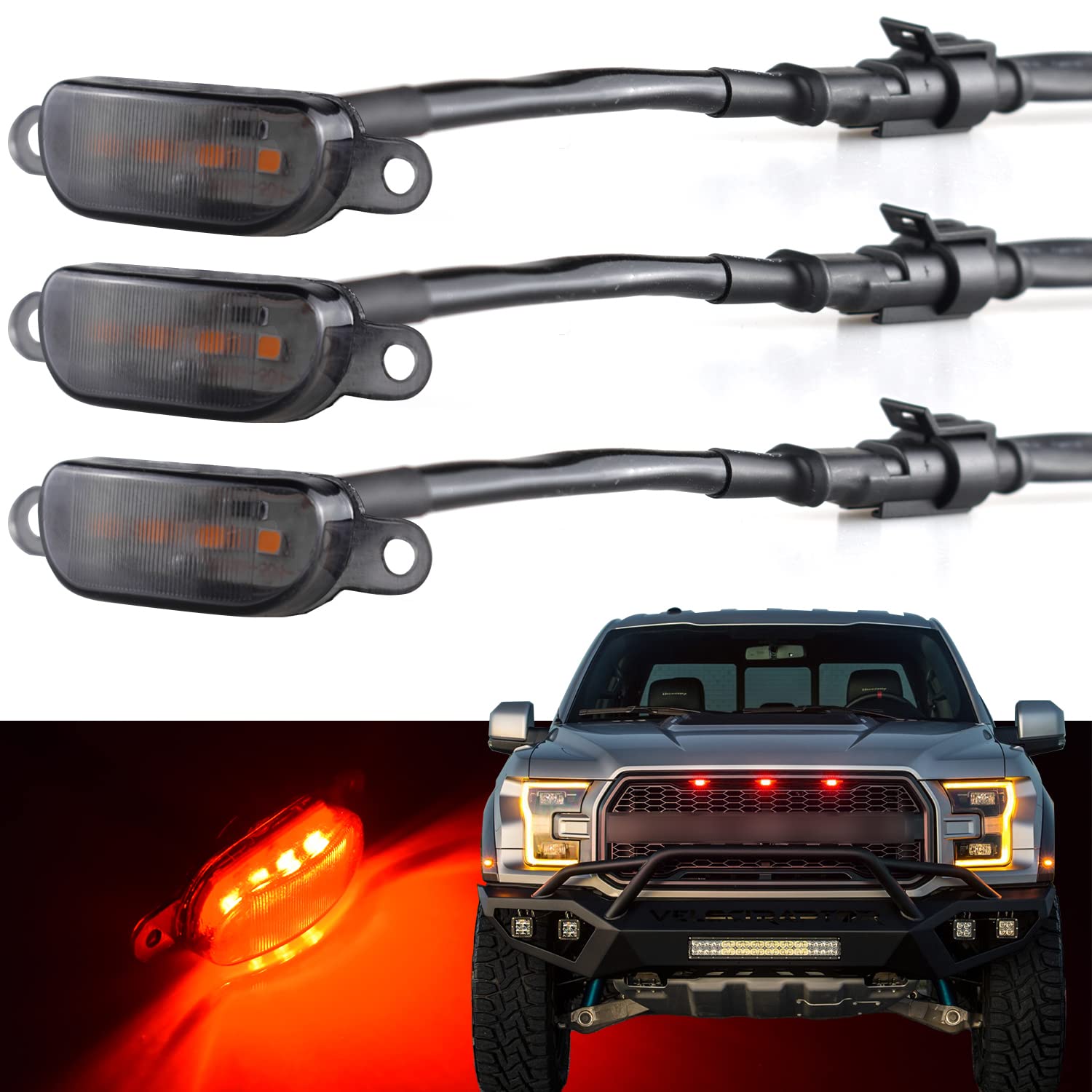 Boigoo Front Grille Marker Light 3Pcs 4Led Red Lights Smoked Lens Compatible With 2004-2019 Ford F-150 Raptor And 2013-2018 Dodg