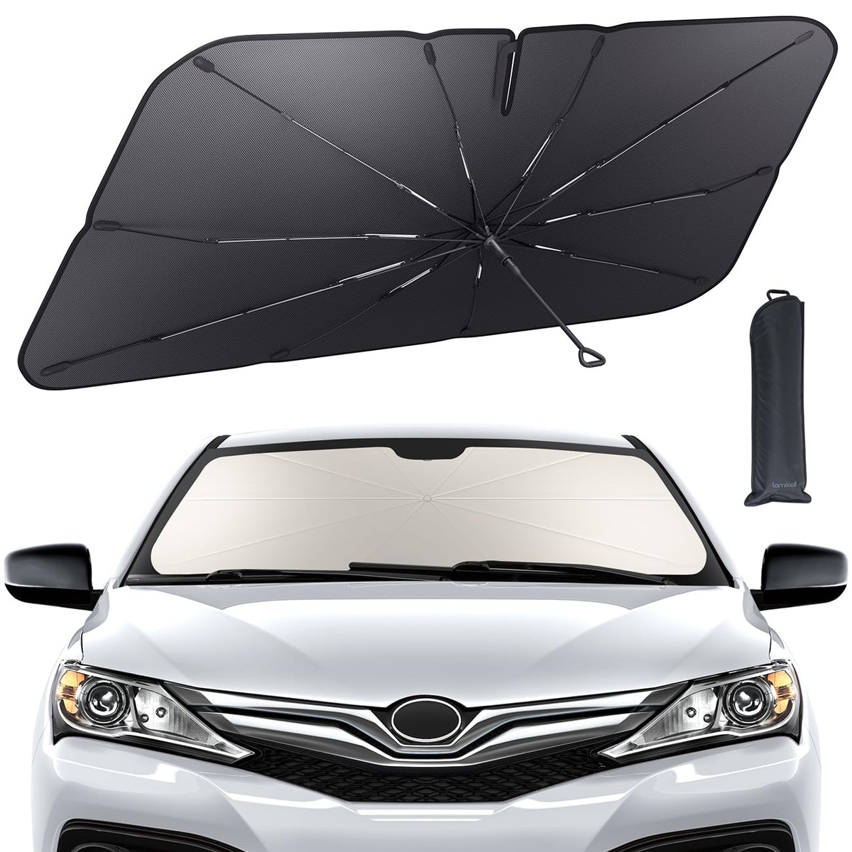 Lamicall Car Windshield Sunshade Umbrella - 5-Layer UV Block, 10-Rib Fiberglass Frame for Heat Insulation, 53''x30'' Front Windo