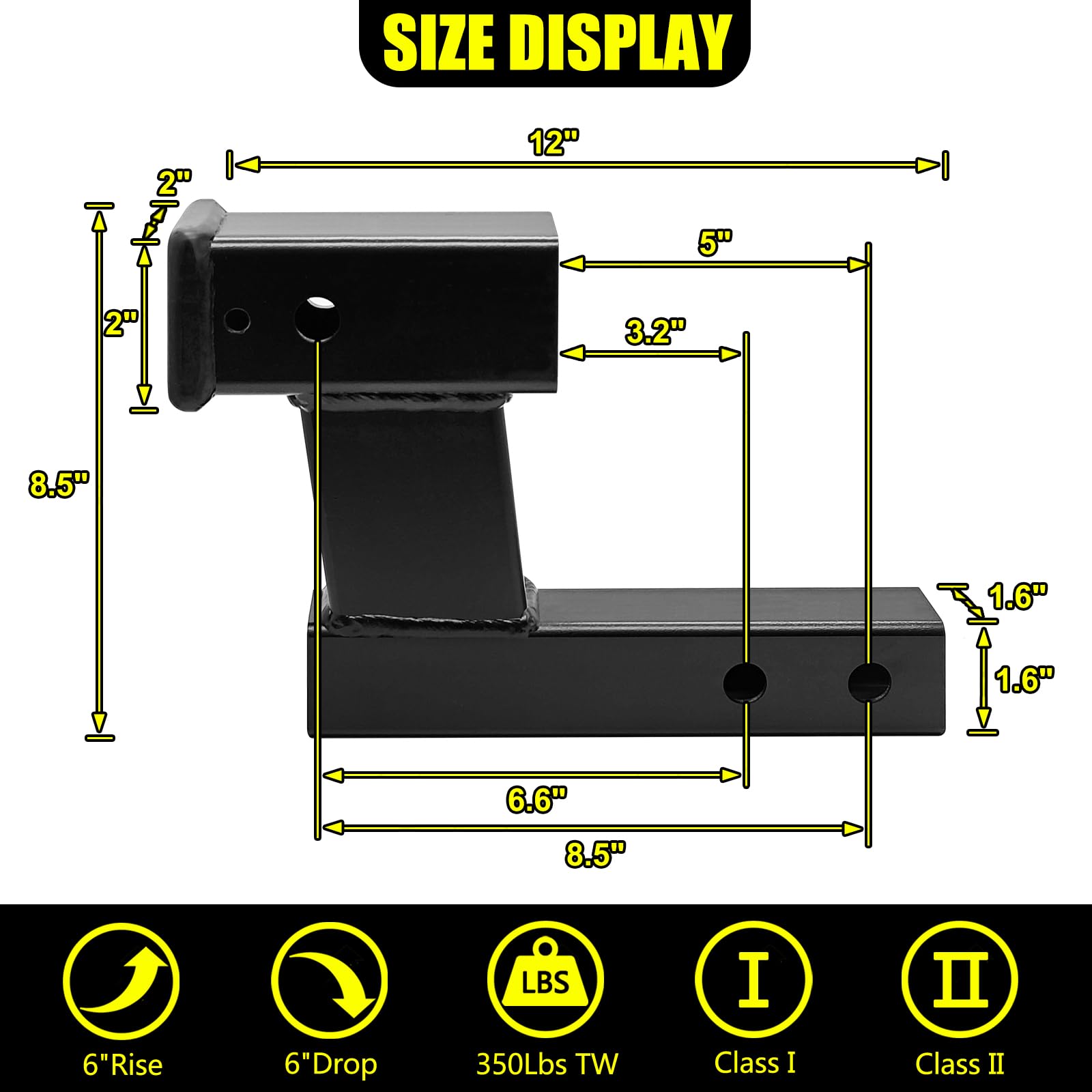 Kairay Trailer Receiver Hitch Riser Extender Adapter 6'' Drop/Riser, 8'' And 10'' Extension Length, 2'' Shank, 7500Lbs Towing Ca