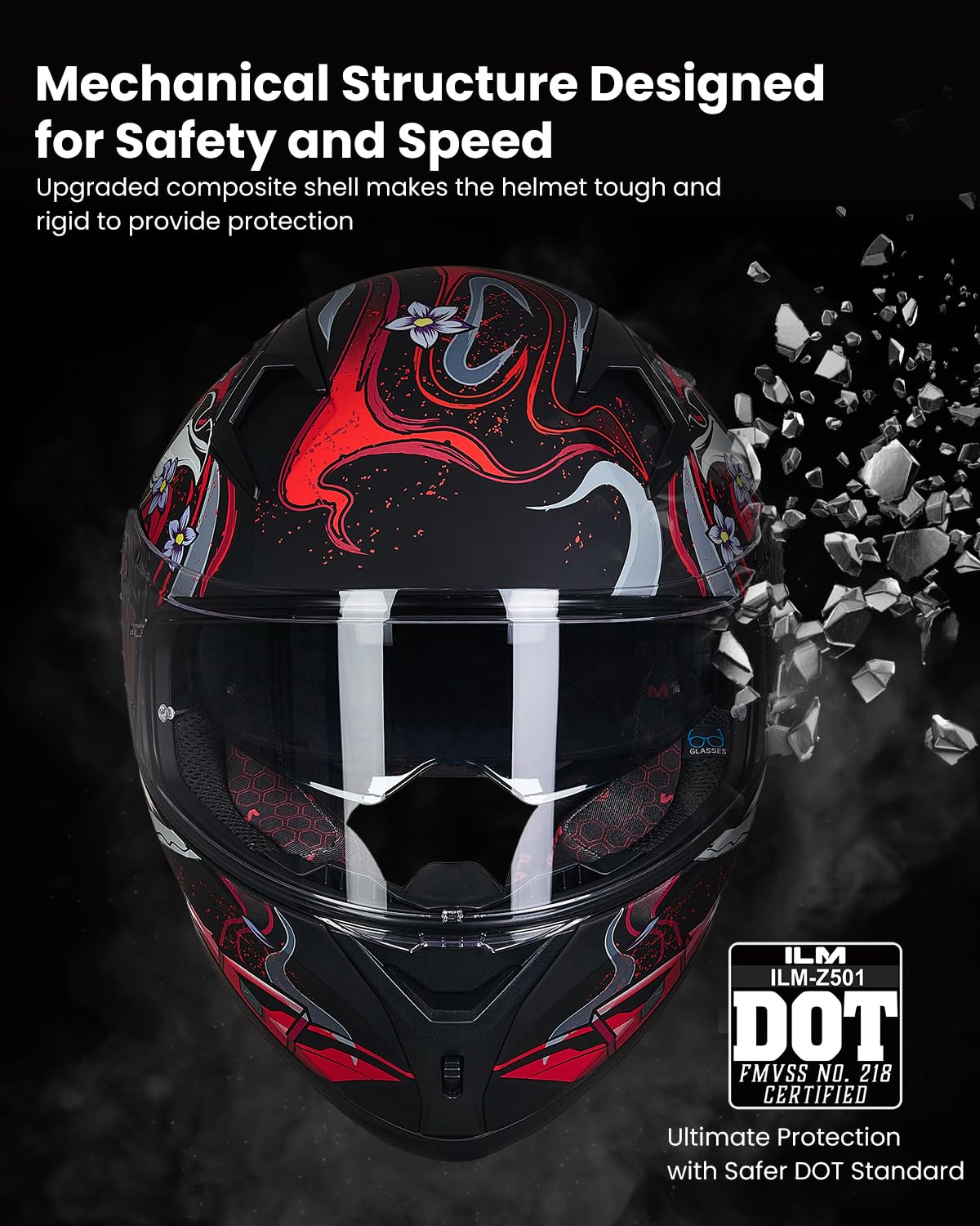 Ilm Motorcycle Helmet Full Face With Pinlock Compatible Clear&Tinted Visors And Fins Street Bike Motocross Casco Dot Model Z501(Armor Red, Medium)