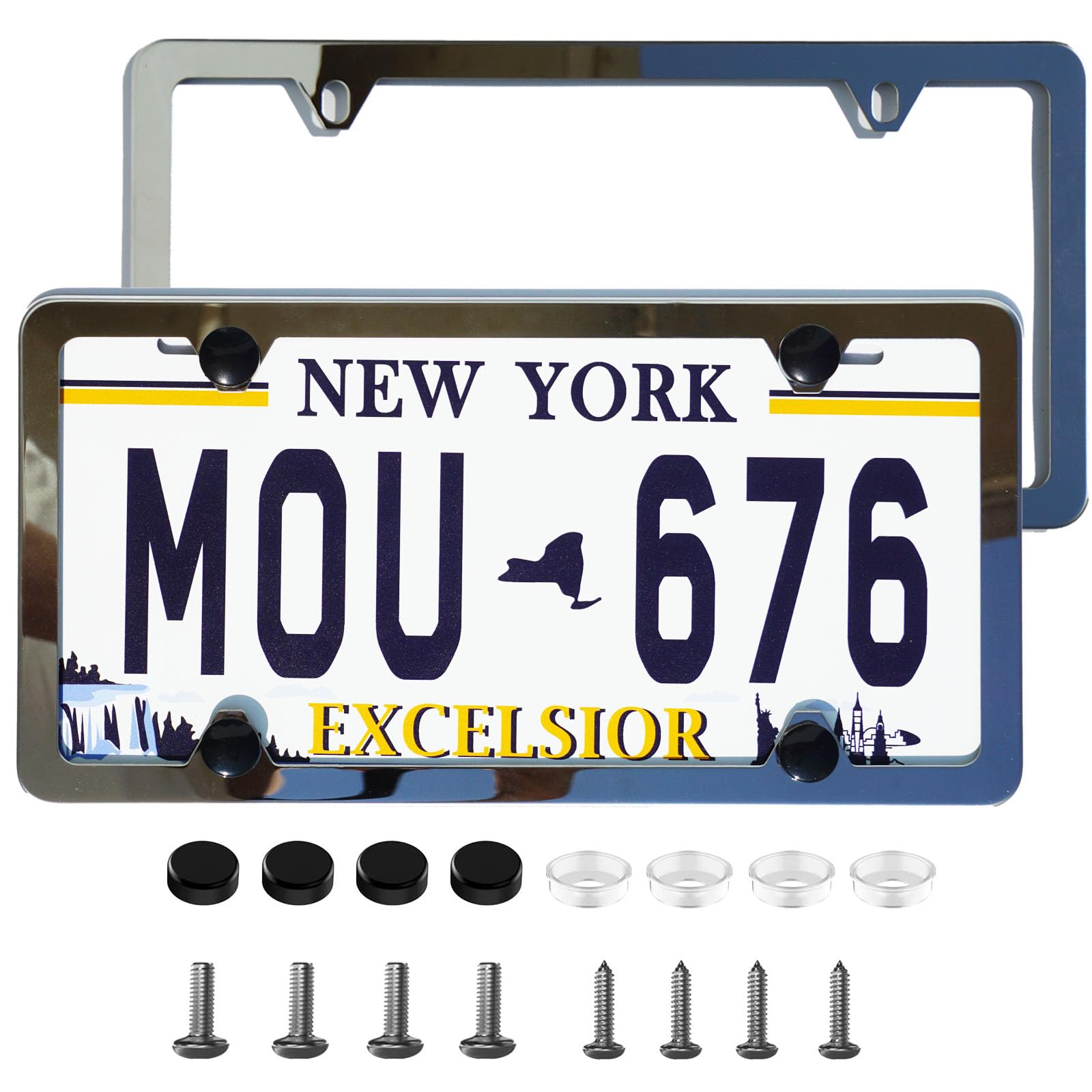 Crossarctic Solid Silver License Plate Frames, 2 Pack Stainless Steel License Plate Bracket Holder Without Obstruction, Universa