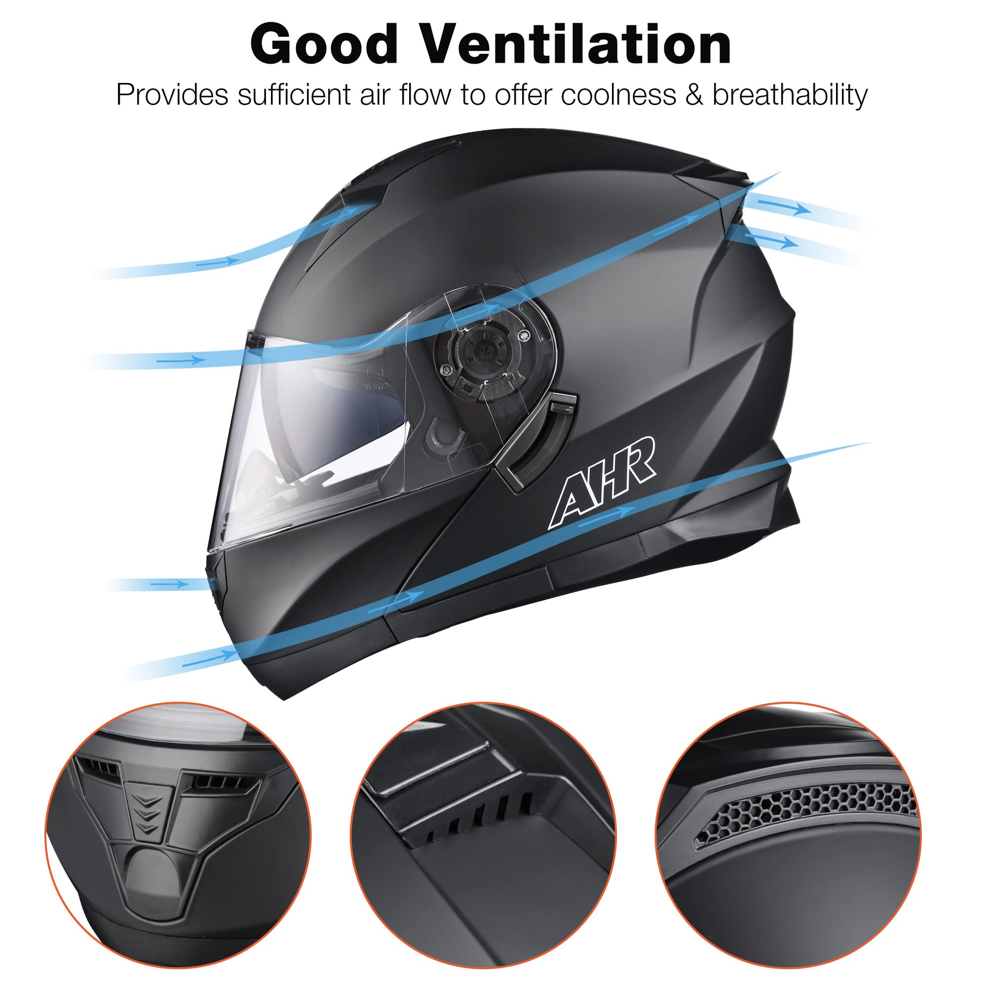 Ahr Motorcycle Helmet Dual Visor Modular Flip Up Full Face Helmet Dot Approved Helmet Run-M3 For Adult Motorbike Street Bike Moped Racing (Matte Black, S)