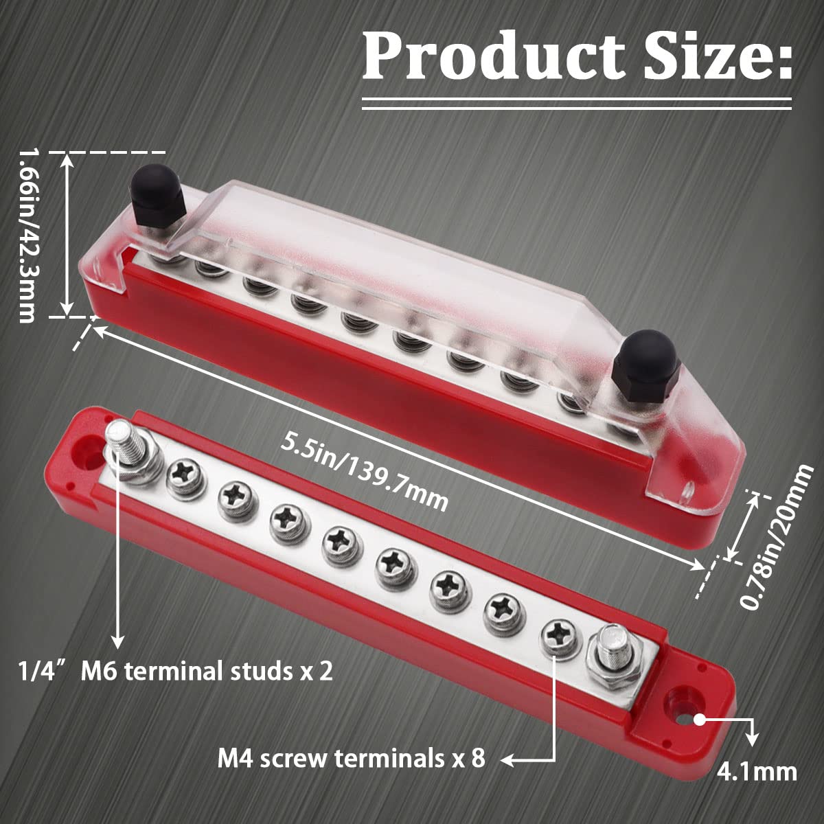 Seamaka (Red+Black) Power Distribution Terminal Block With Cover With 2 X 1/4'(M6) Terminal Studs,8 X M4 Terminal Screws,Battery Bus Bar With Ring Terminals For Car Boat Marine O-038-10-A