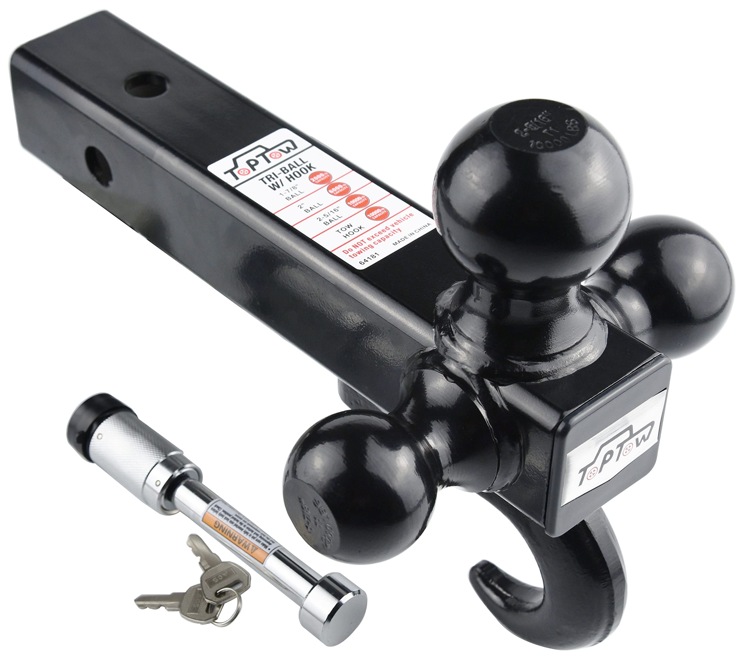 Toptow 64181L Trailer Receiver Hitch Triple Ball Mount With Hook, Black Balls, With Lock, Fits For 2 Inch Receiver