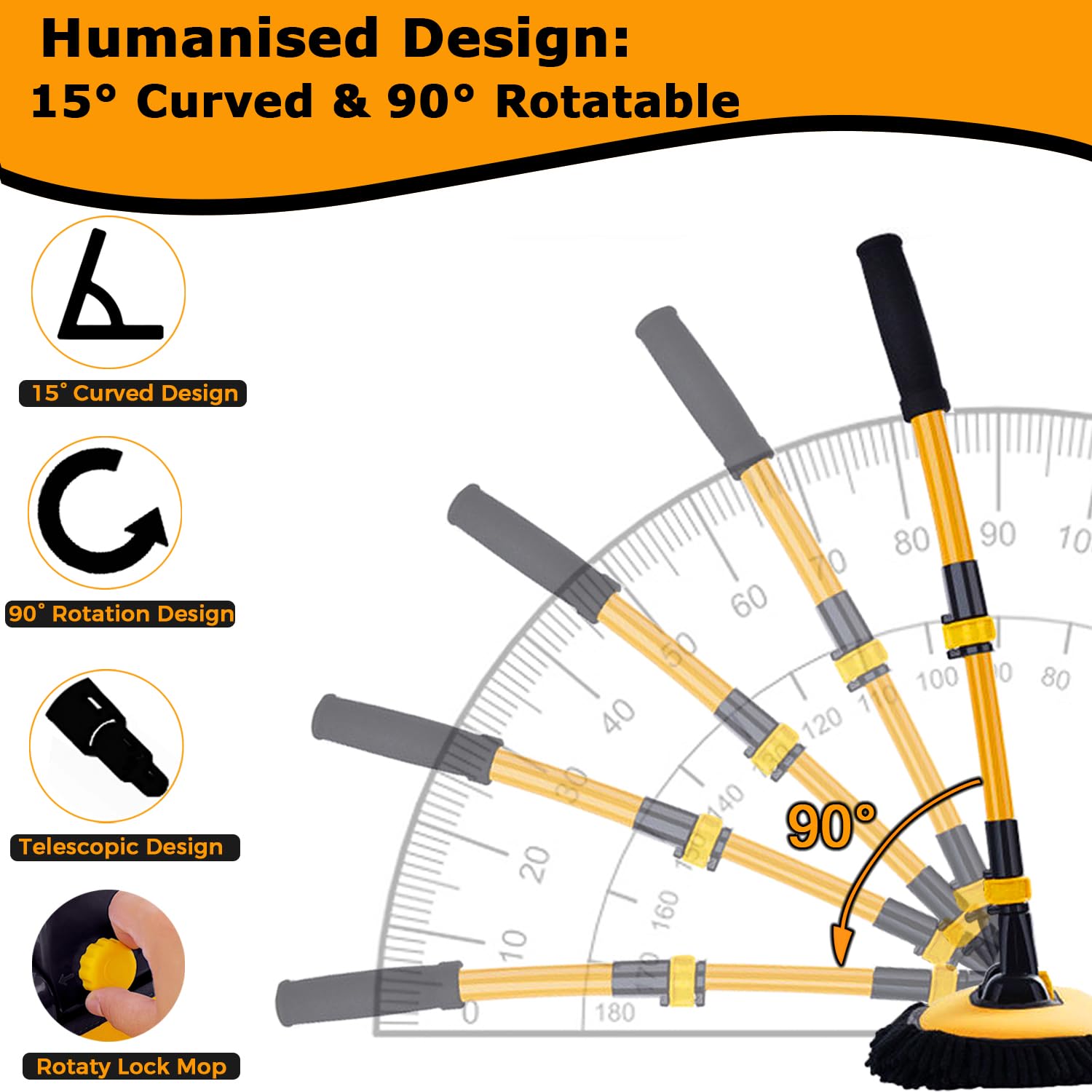 15Curved Car Wash Brush With Long Handle 43'' Extension Pole Rv Truck Microfiber Cleaning Mop Auto Suv Wheel Boat Exterior Inter