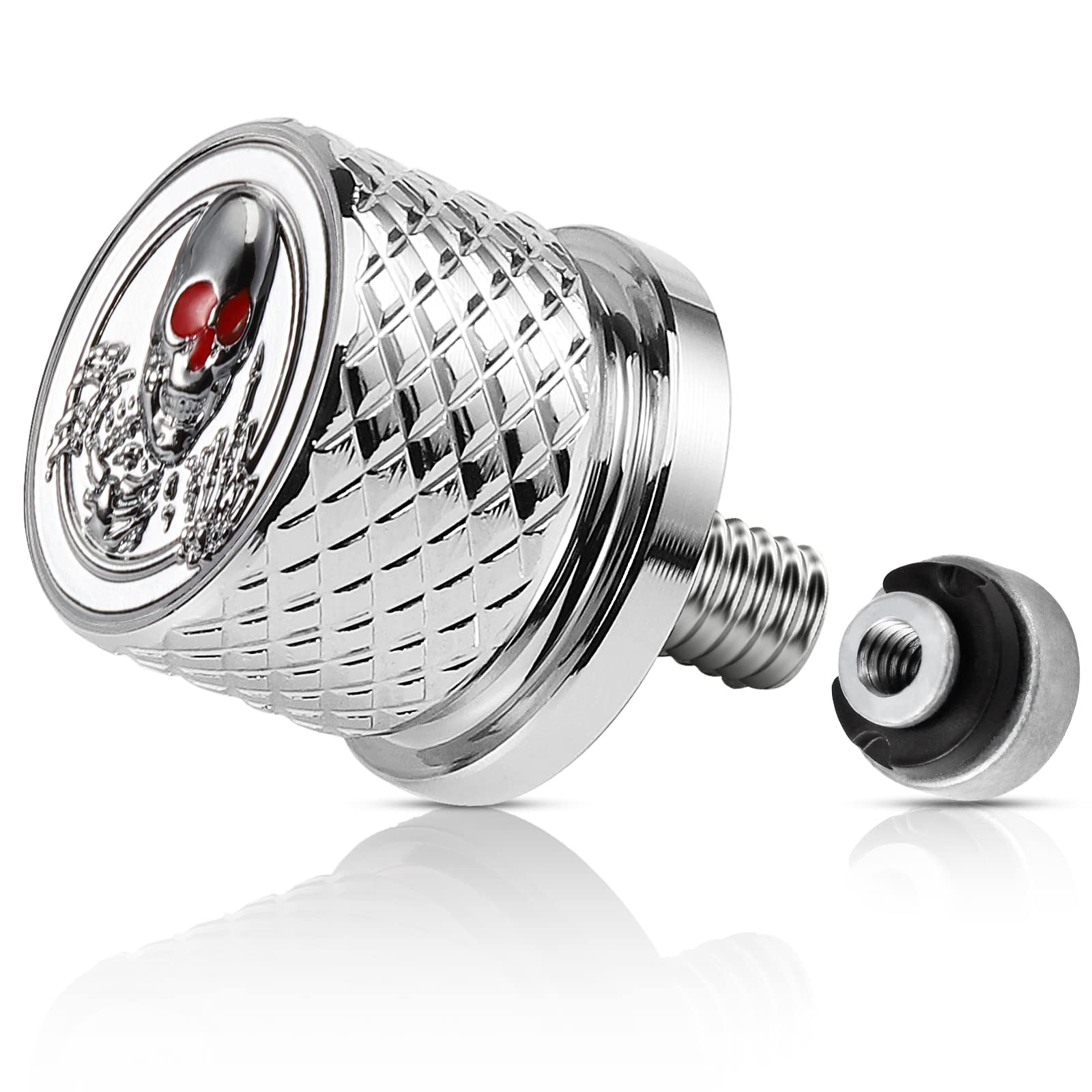 Eumti Chrome Stainless Knurled Fender Rear Seat Bolts Screw and Nut Kit 1/4''-20 3D Embossed Skull Pattern Red Eyes Compatible w