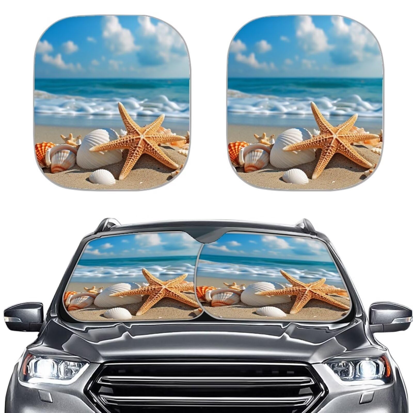 Huisefor Beach Starfish Car Windshield Sunshade Foldable 2 Pieces Car Sun Shade Windshield Reflective Sun Visor Sun Blocker Viso