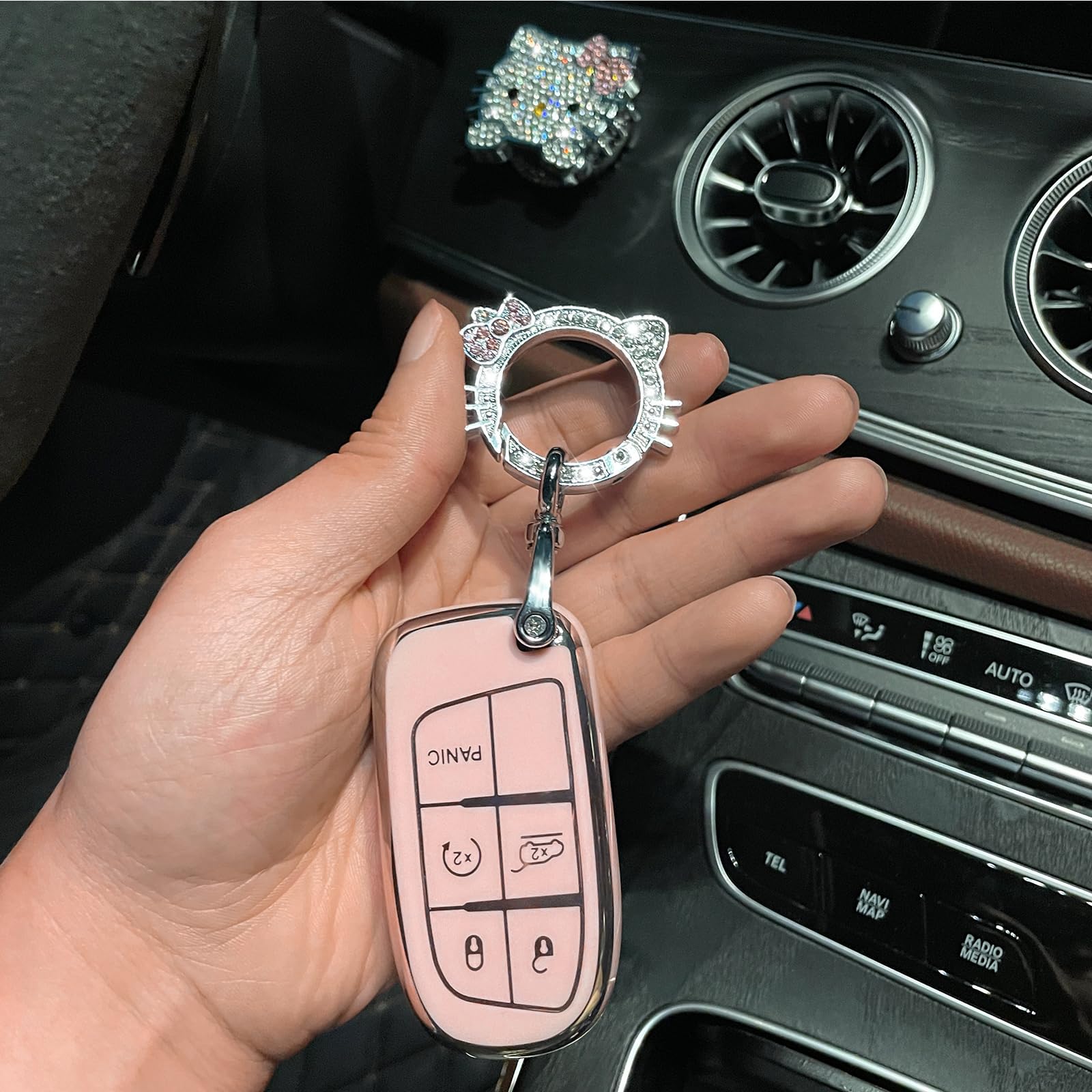 Pangpai Pink Car Accessories 3 Pcs For Jeep Grand Cherokee Renegade Wrangler Patriot Grand Commander Key Fob Cover With Bling Ke