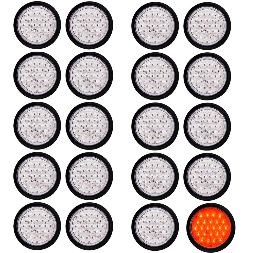 20X 4 Round 24-LED Clear Lens RED Sealed Tail Light Trailer Truck RV Brake Stop Lamps Rear Parking Taillights 12V