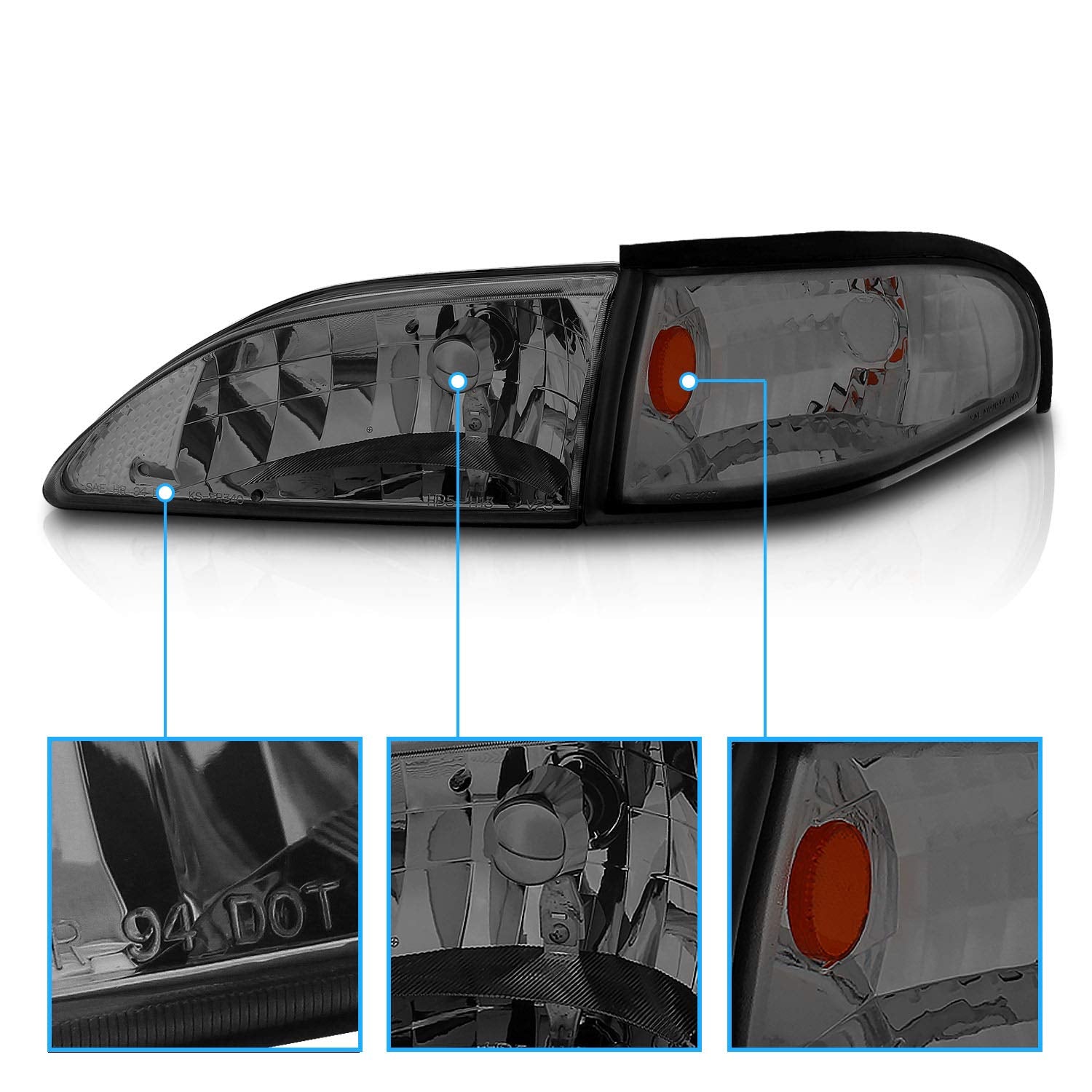 Amerilite Smoke Replacement Headlights Corner Turn Signal Set For 94-98 Ford Mustang - Passenger And Driver Side