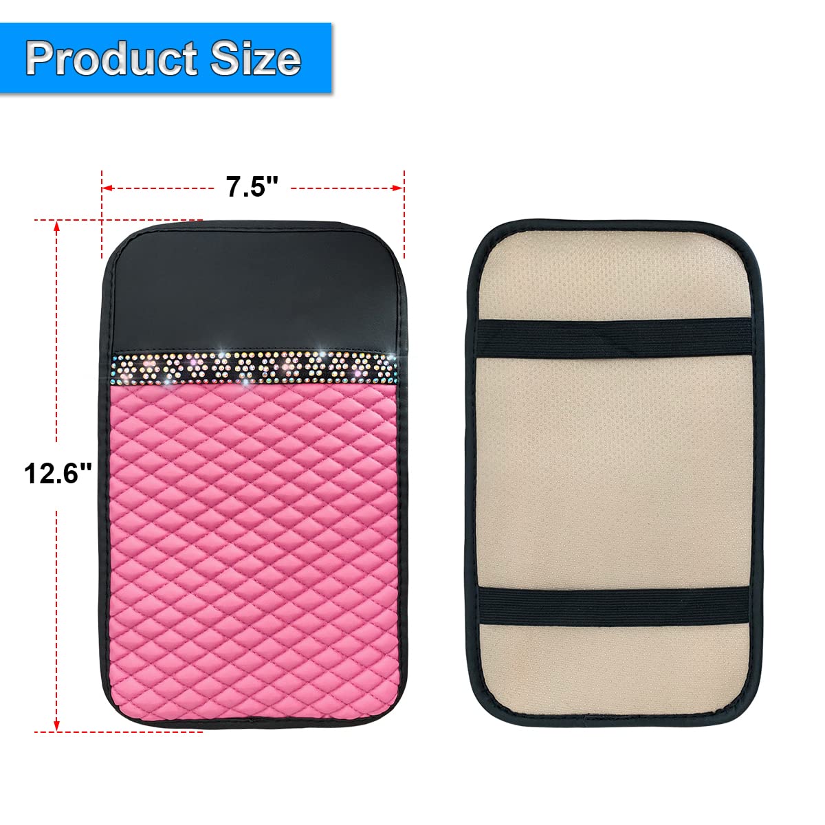 Bling Leather Car Center Console Cover, Car Center Console Protector With Glossy Crystal Rhinestone, Universal Waterproof Car Armrest Seat Box Cover For Most Car, Vehicles, Suvs, Trucks (Pink)