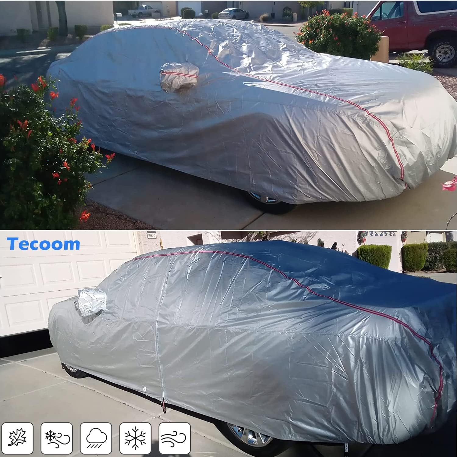 Tecoom Waterproof Sedan Car Cover Oxford W/Door Zipper, All Weather Car Cover For Automobiles, Uv-Proof Windproof Hail Sun Snow