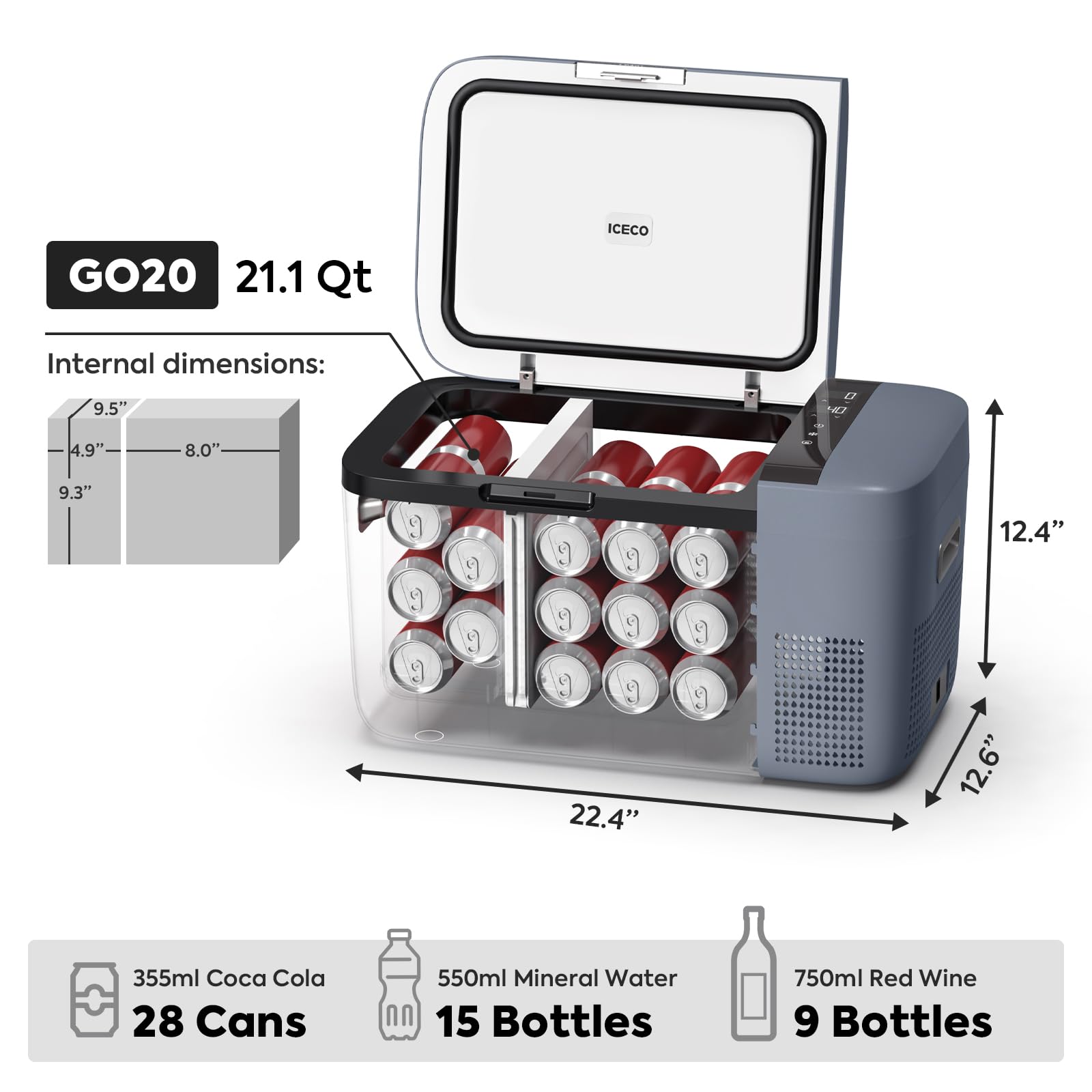 ICECO GO20 Dual Zone Portable Refrigerator, 20L, SECOP Compressor, Gray, DC 12/24V & AC 100-240V, Ideal for Outdoor & Home Use