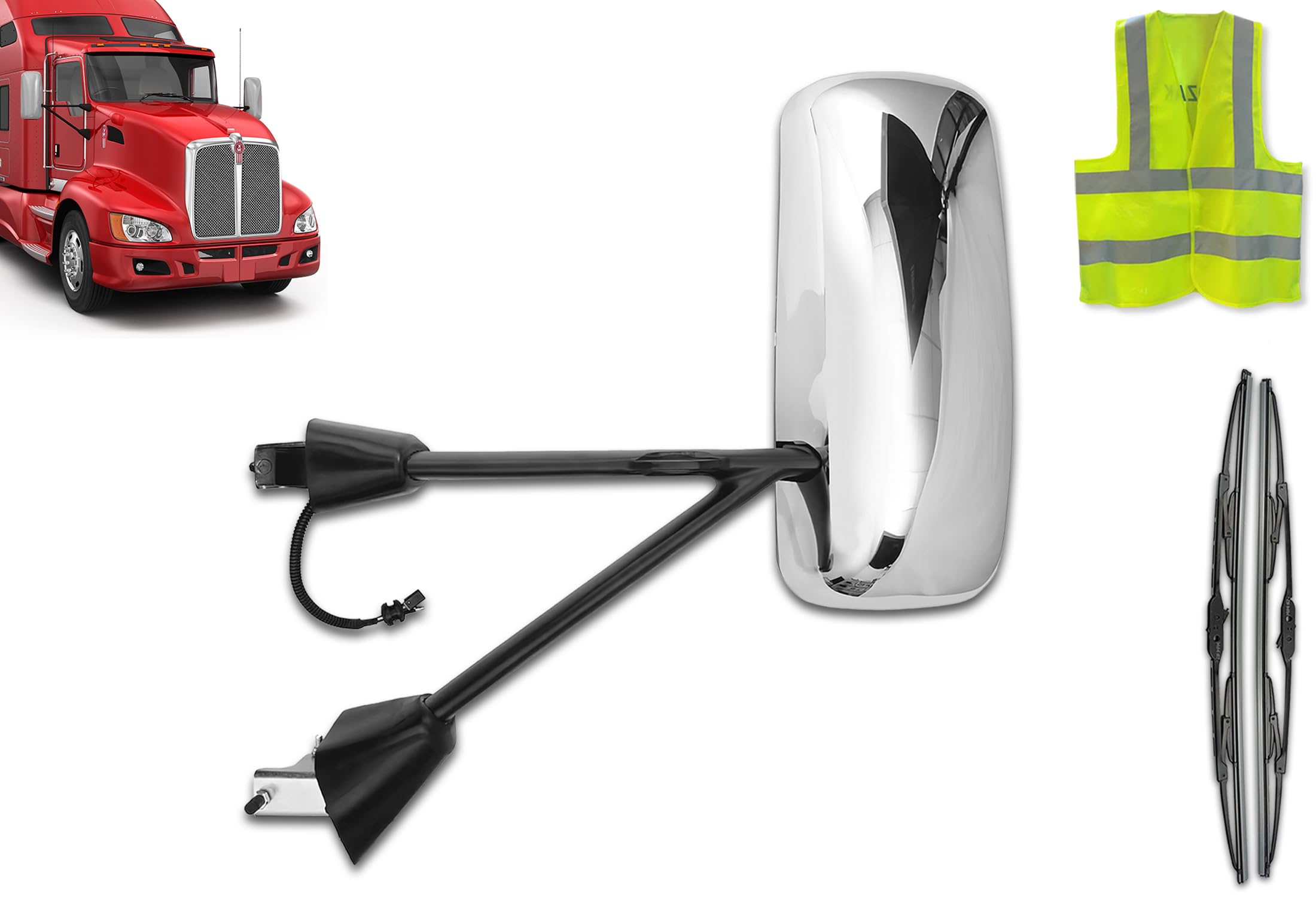 Kozak Chrome Door Mirror With Arms Left (Driver Side) Compatible With Kenworth T660 T600 T800 2008-2016 Plus Kenworth Logo, 2X22' Windshield Wipers And Kozak Reflective Vest