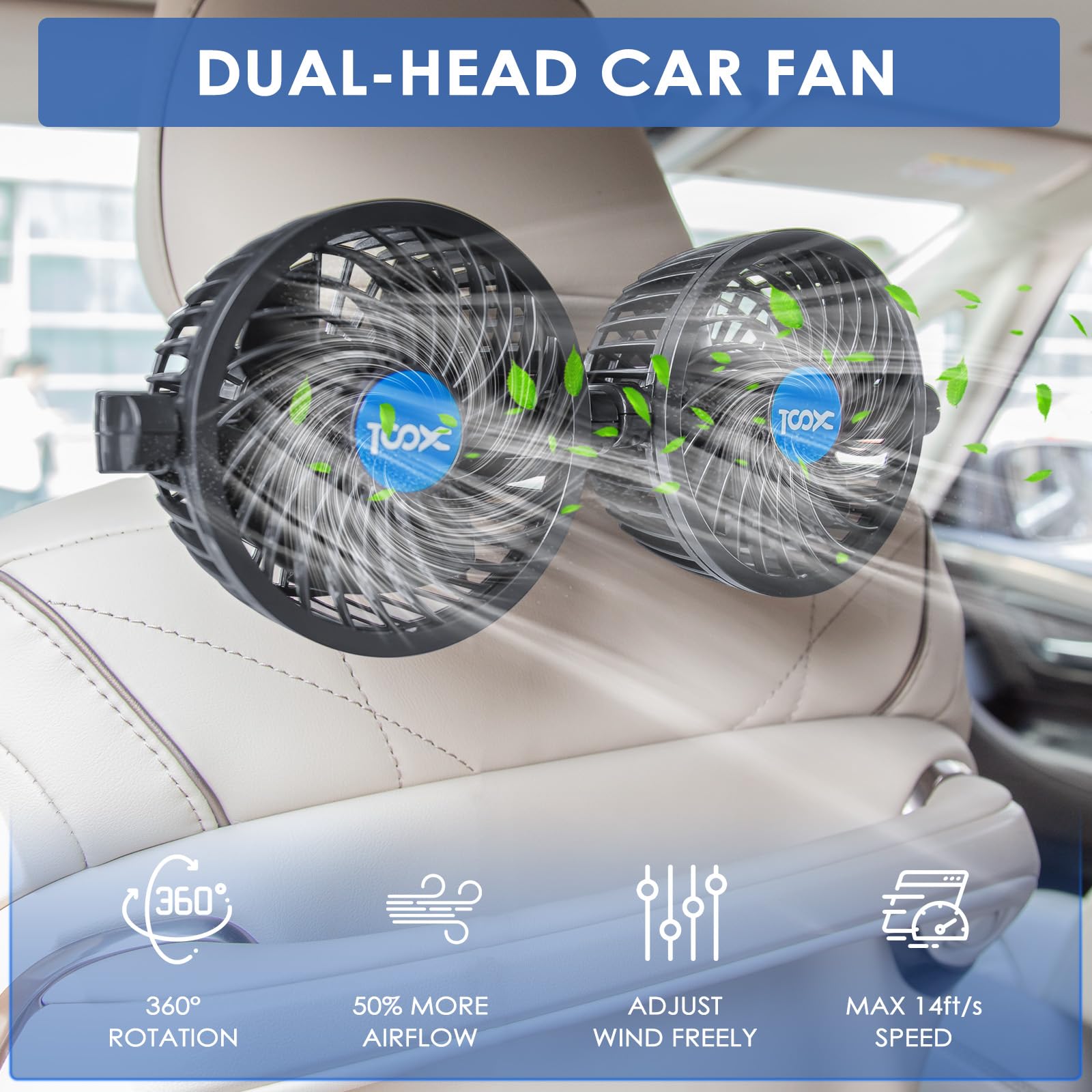 Xool Clip Car Fan, Adjustable Dual Head 4 Inches 12V Fan For Front/Rear Seat Passenger, 360 Rotatable Electric Car Cooling Fans