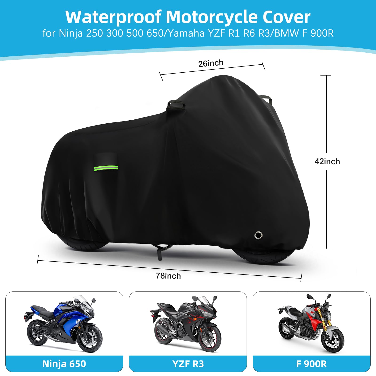 Motorcycle Cover Waterproof for Kawasaki Ninja 500 650/Yamaha R1 R3 R6/BMW F 900R, Heavy Duty Outdoor Sun UV Rain Dust All Weath