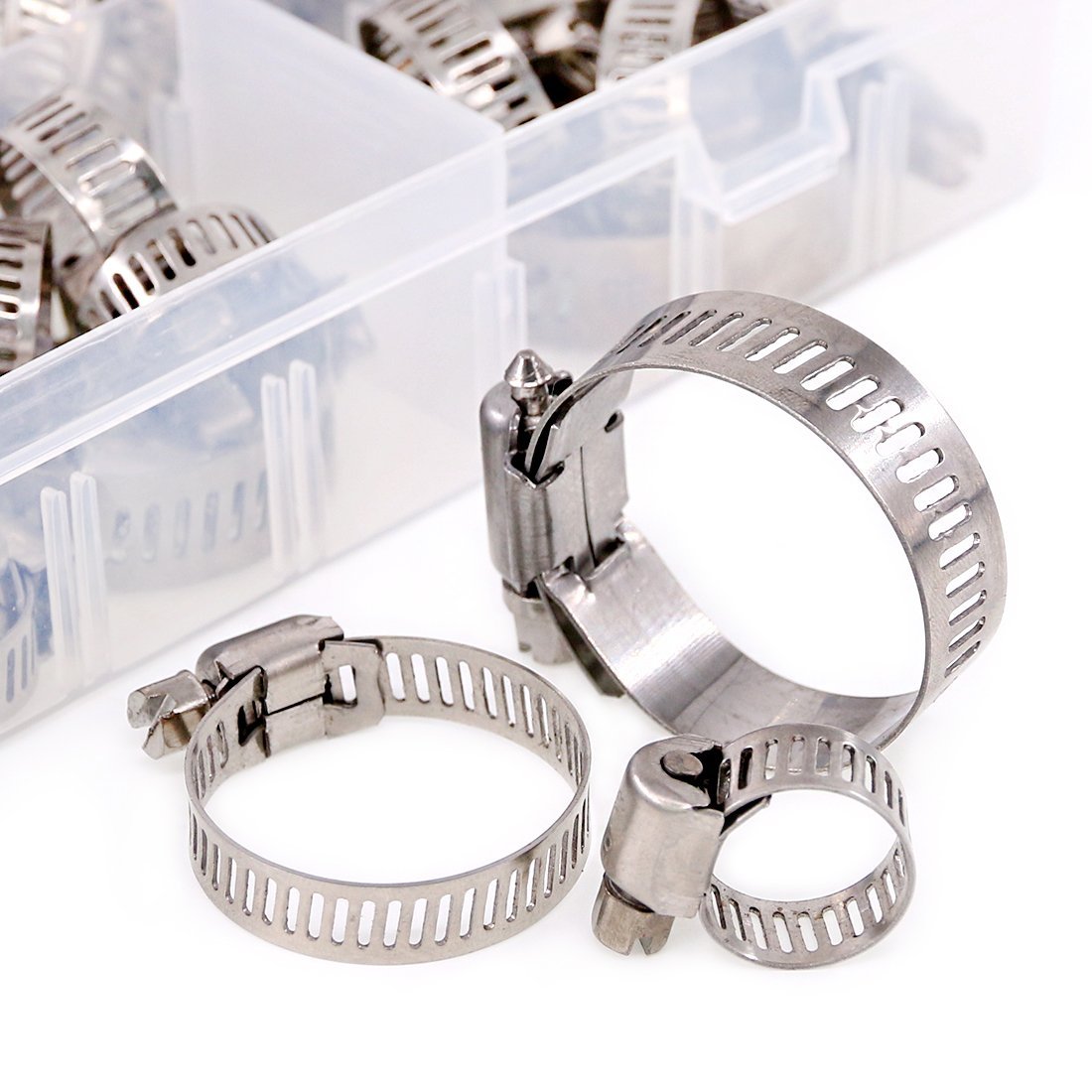 Swpeet 60Pcs Assorted Sizes Hose Clamps Kit, 304 Stainless Steel Adjustable 6-38Mm Range Worm Gear Hose Clamp Perfect For Plumbi