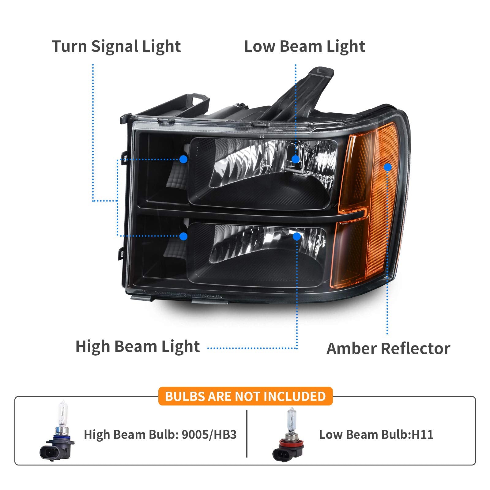 Dwvo Headlights Assembly Compatible With 2007-2013 Gmc Sierra 1500/2007-2014 Sierra 2500Hd 3500Hd Headlamps Replacement Black Housing Amber Reflector (Passenger And Driver Side)