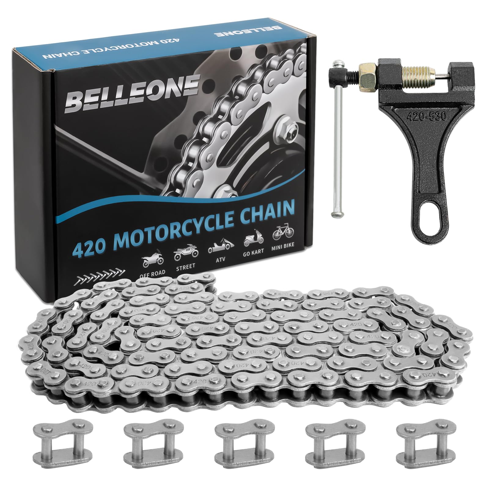 Belleone 420 Roller Chain 140 Links With 5 Free Connecting Links And Chain Breaker, Drive Chain Compatible With 50Cc 70Cc 90Cc,