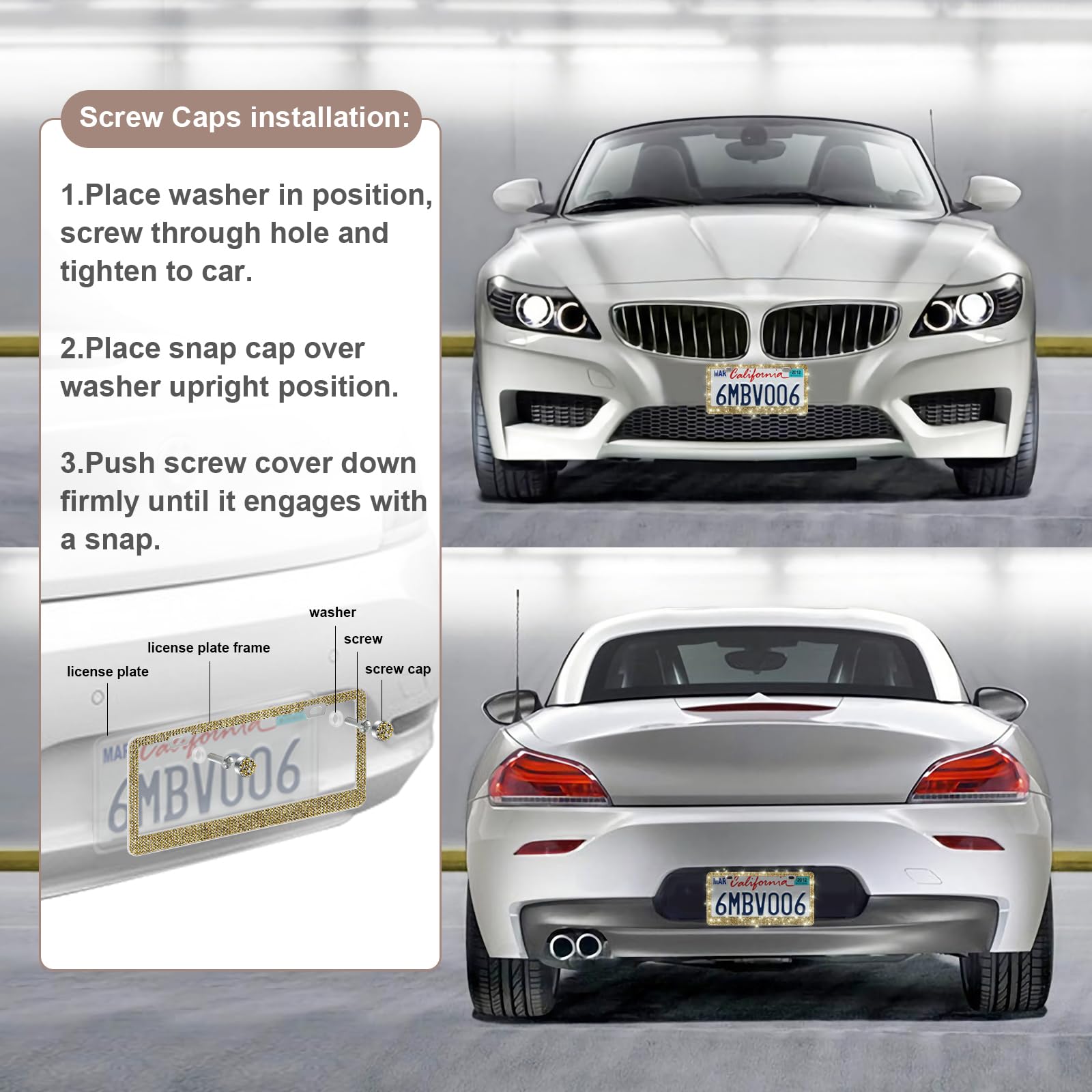 Quanqiufei 2 Pack Bling License Plate Frames For Women, Sparkly Rhinestone Diamond Car Accessories With Glitter Crystal Caps (Go