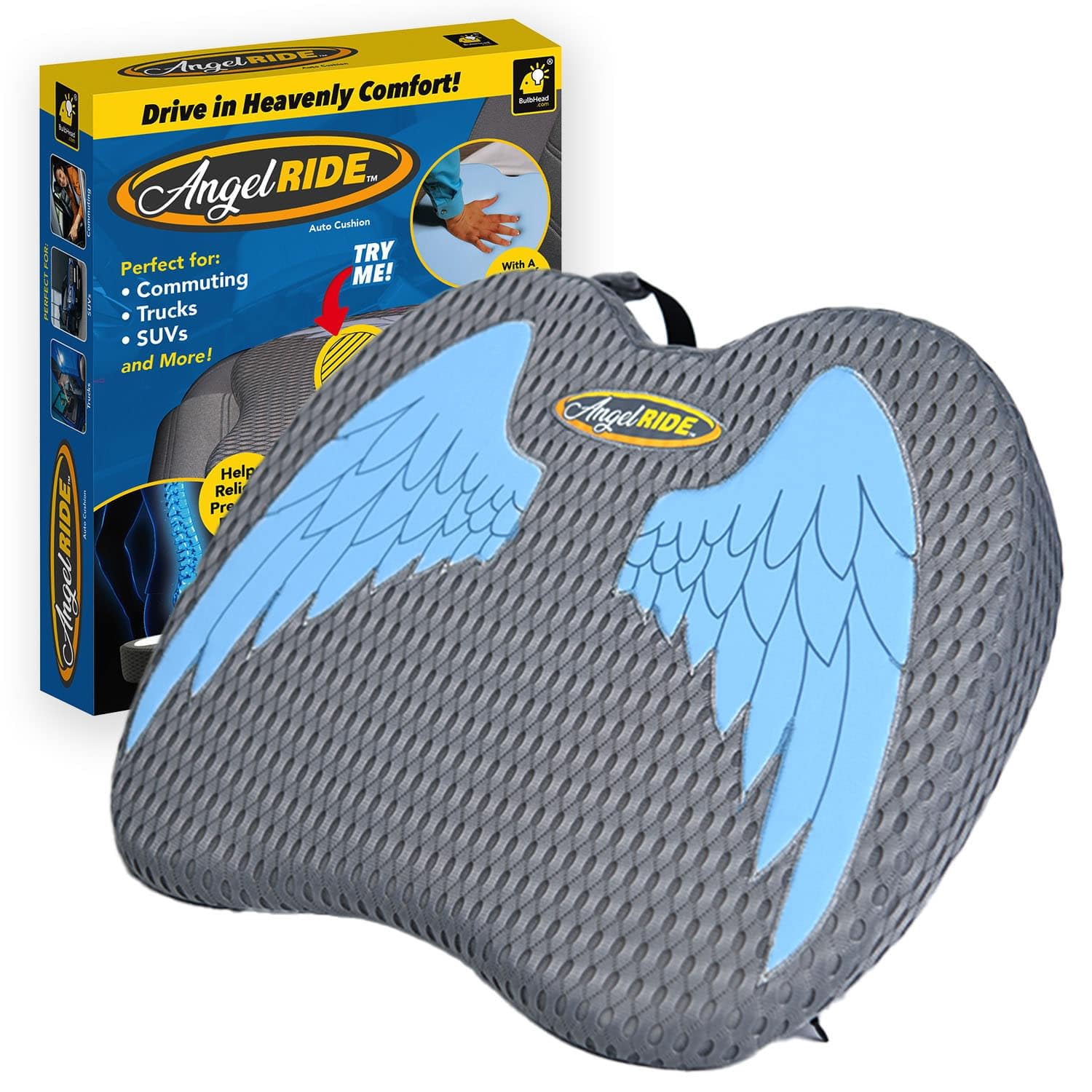 Angel Ride Blue Wing Auto Cushion W/Memory Foam, As-Seen-On-Tv, Advanced Lumbar Helps Relieve Pressure Points, Molds To Any Body