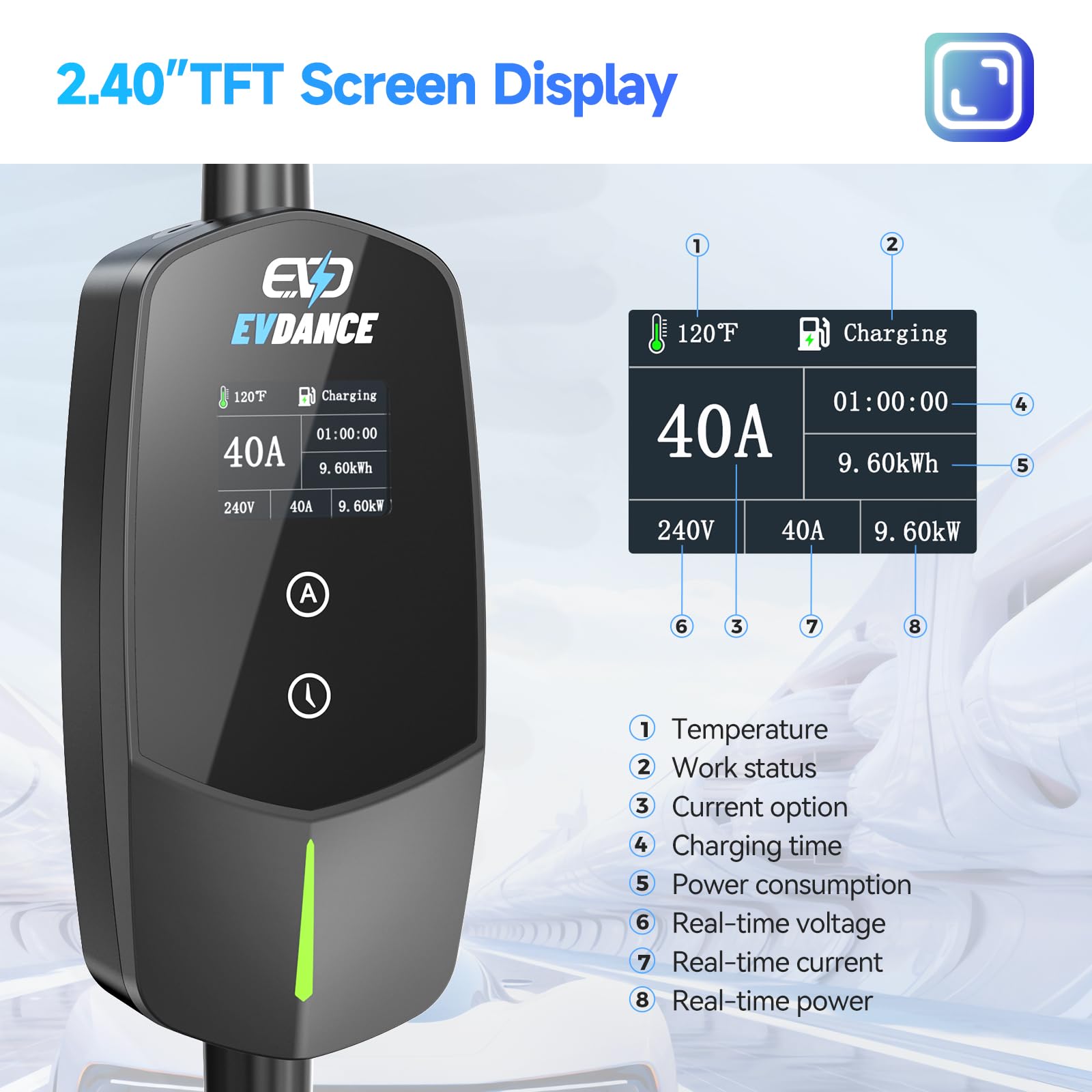 EVDANCE Level 2 EV Charger 40Amp, 240V 9.6KW Portable Electric Vehicle Charging Stations with NEMA 14-50P, 25FT Cable Adjustable