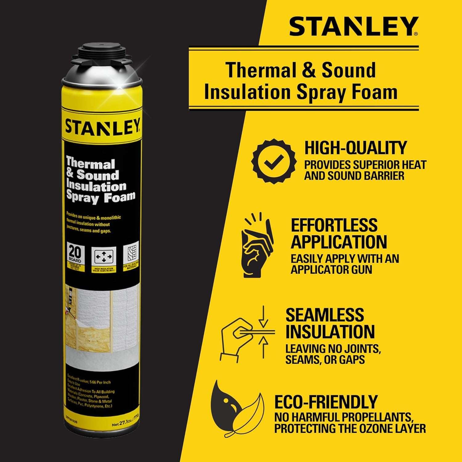 STANLEY F 990P Supercoat Spray Foam Insulation, Closed Cell, 27.1 oz, 2 Pack, Polyurethane Foam, Covers Up to 40 Sq.Ft.