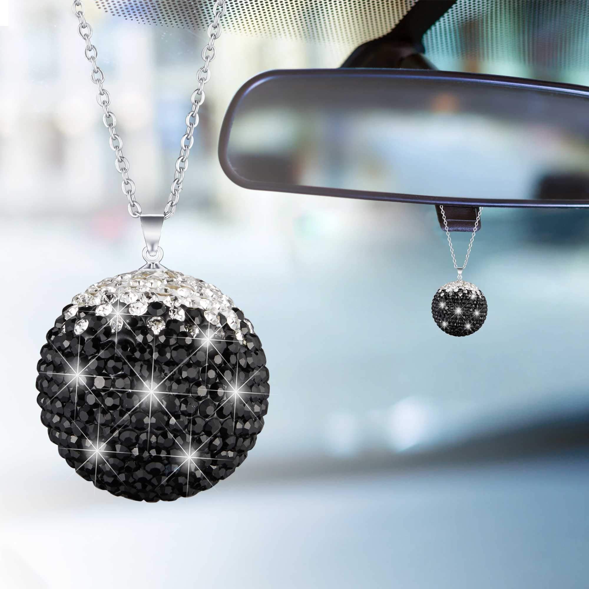 Winka Bling Crystal Ball For Car Rear View Mirror Decoration, Rhinestone Hanging Ornament For Home Decor Charm Crystal Pendant Bling Car Accessories For Girl (Black White)