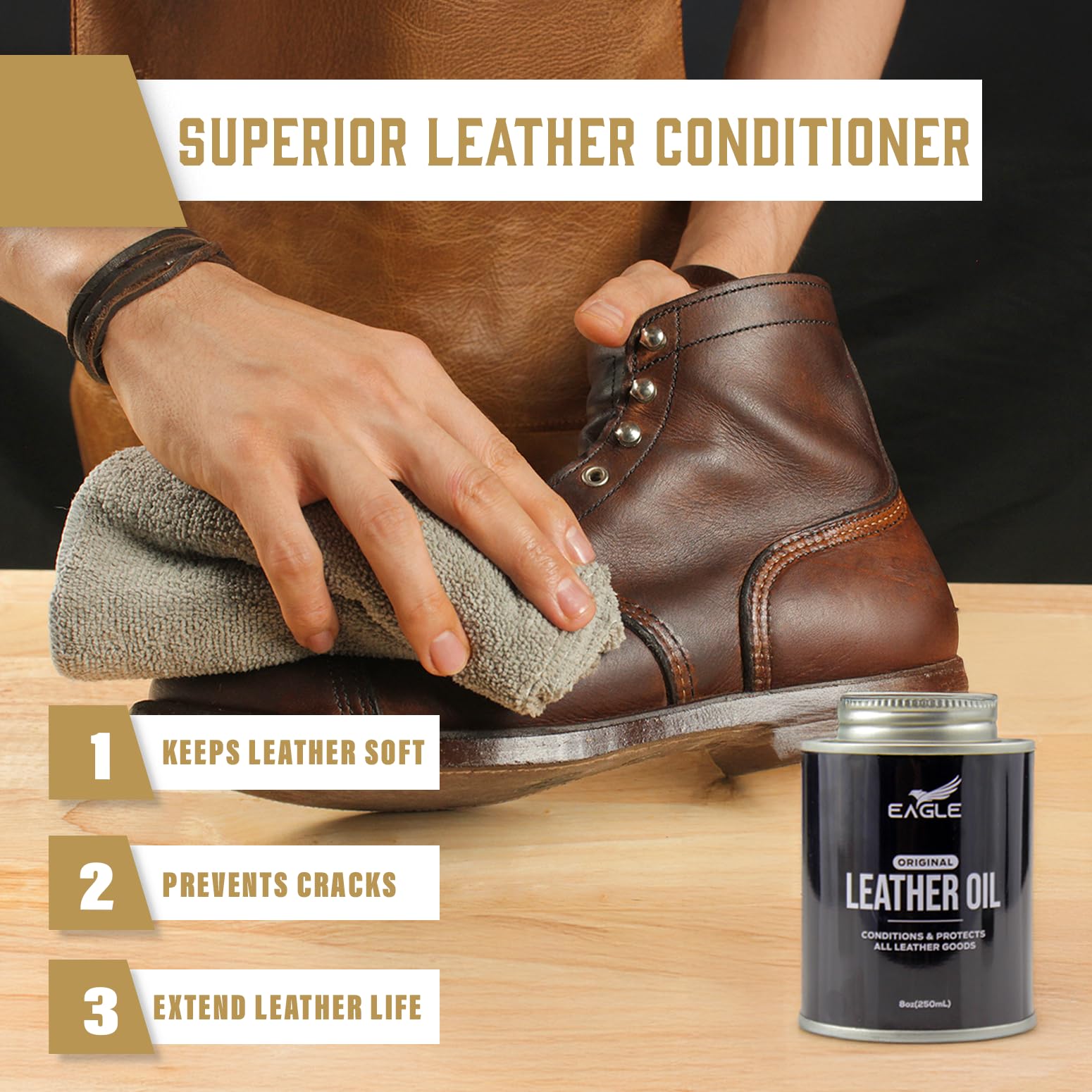 Eagle Leather Oil 8.45oz with Applicator & Premium Towel - All-Natural Mink Oil Conditioner for Boots, Shoes, Saddles, Furniture