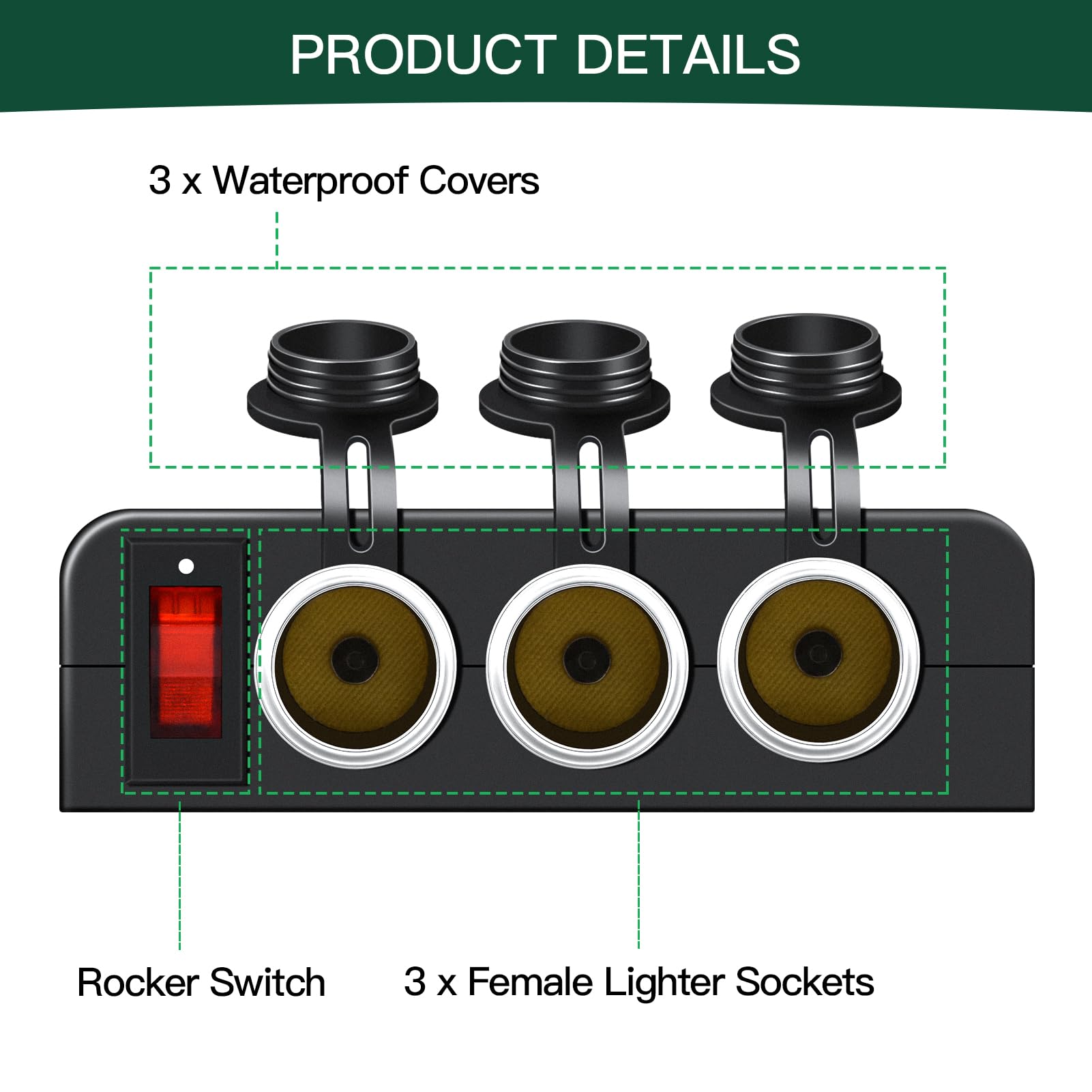 12V Cigarette Lighter Socket With On/Off Switch, 3 Socket Car Cigarette Lighter Splitter 12 Volt Power Outlet Adapter Waterproof