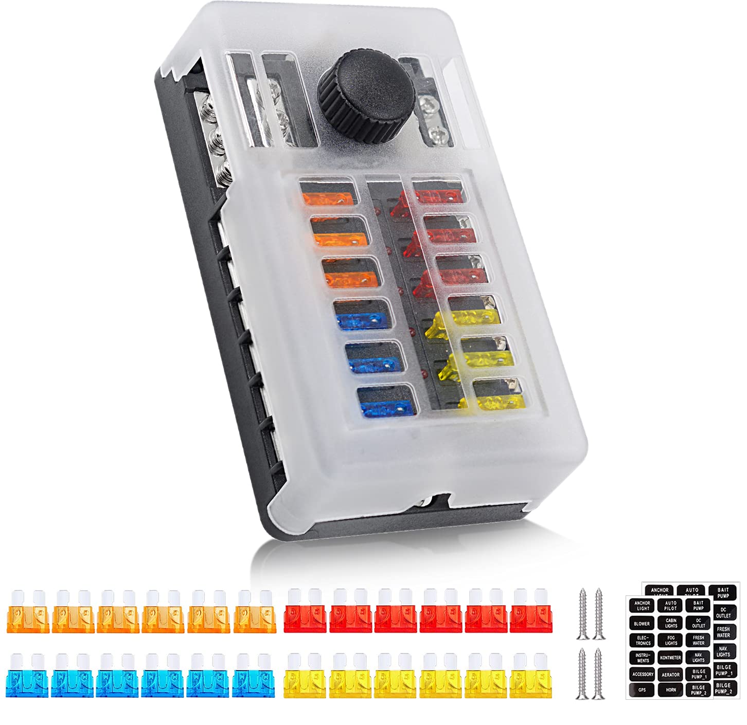 12 Way 12V Fuse Box 12Volt Blade Fuse Block Holder, 12 Circuit W/Negative Bus Waterproof Fuse Box With Led Indicator For 12V/24V