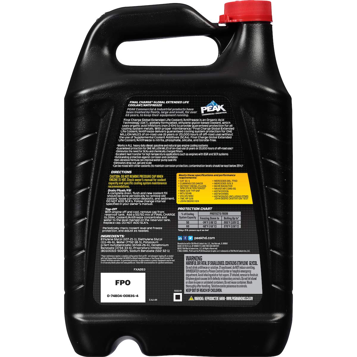 Peak Final Charge Global Extended Life Concentrate Antifreeze/Coolant For All Heavy Duty Engine Cooling Systems, 1 Gal.