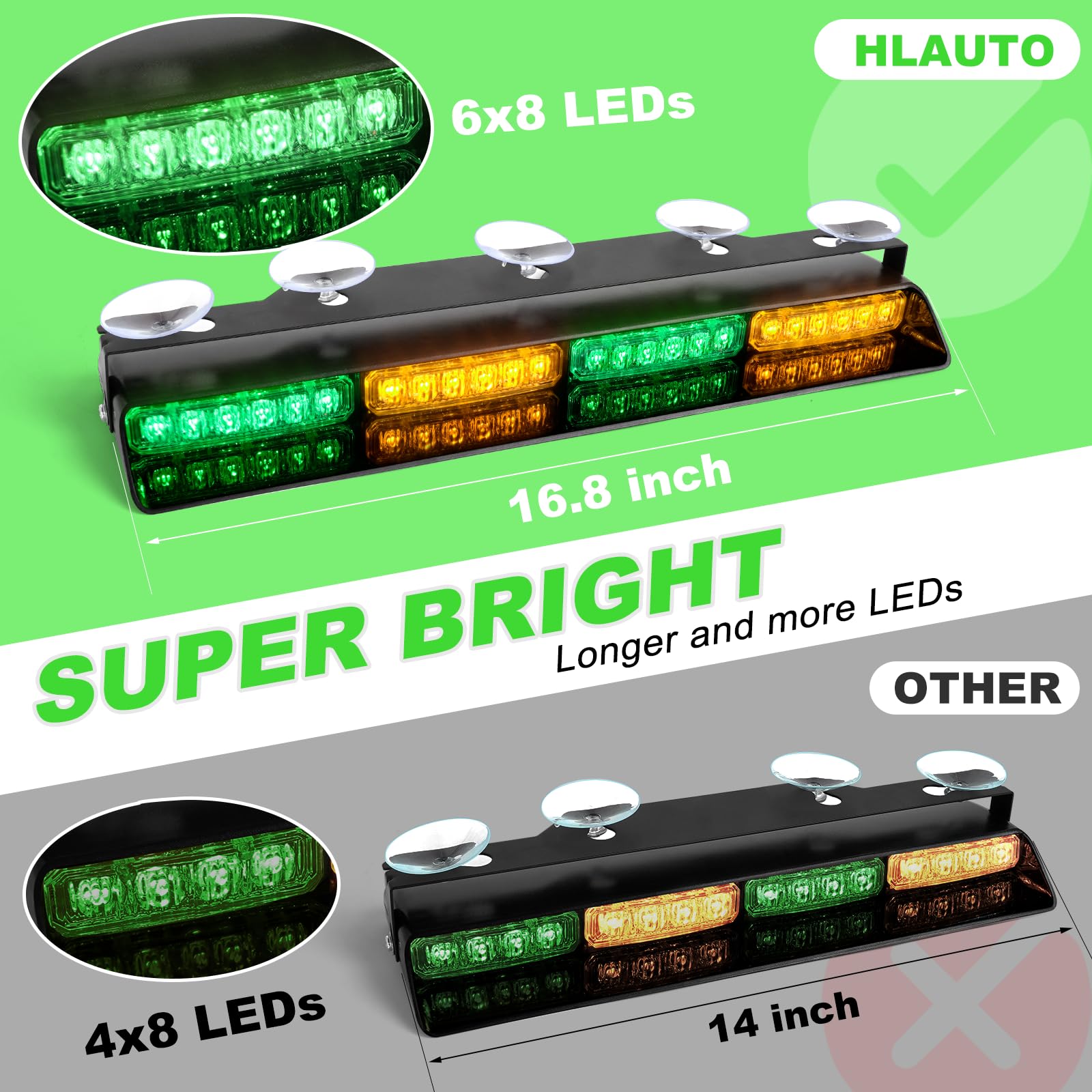 Hlauto 6Z4J Emergency Dash Strobe Lights: 2X16.8 Inch Green Amber Safety Lights, 48 Led Flashing Warning Hazard Interior Windshi