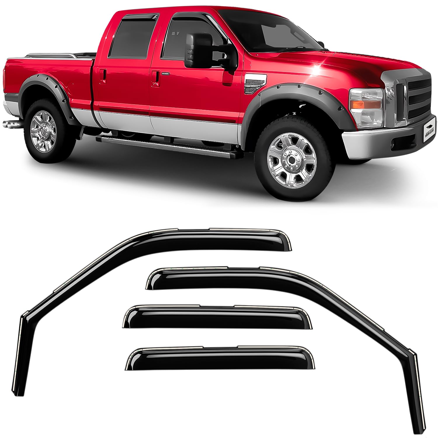 Voron Glass In-Channel Extra Durable Rain Guards For Ford F250 To F550 Super Duty 1999-2016 Supercrew, Window Deflectors, Vent W