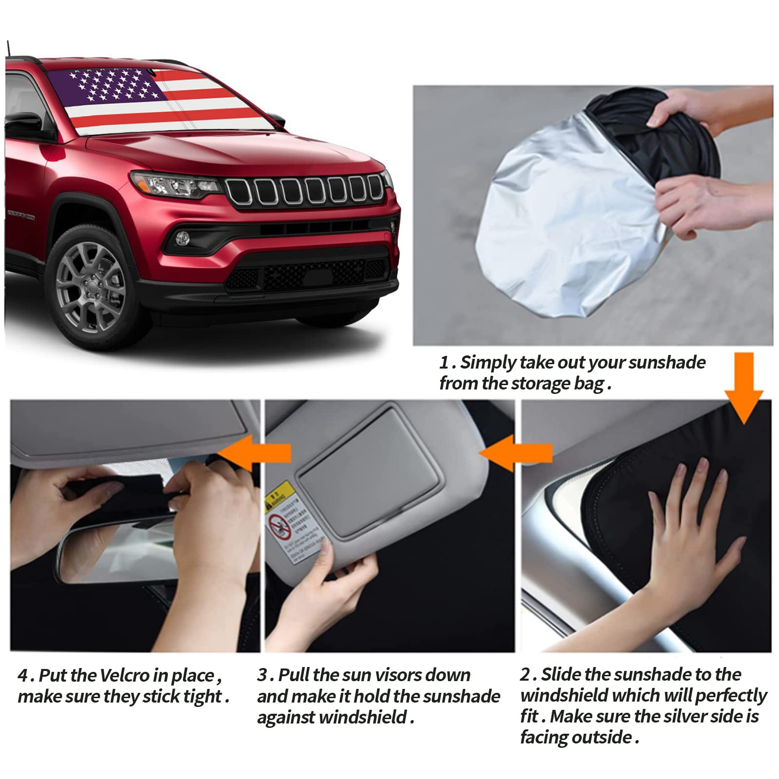 Moricere Upgrade Windshield Sun Shade With Usa Flag For Jeep Compass 2017-2023, Foldable Windshield Sun Visor Blocks Uv Rays