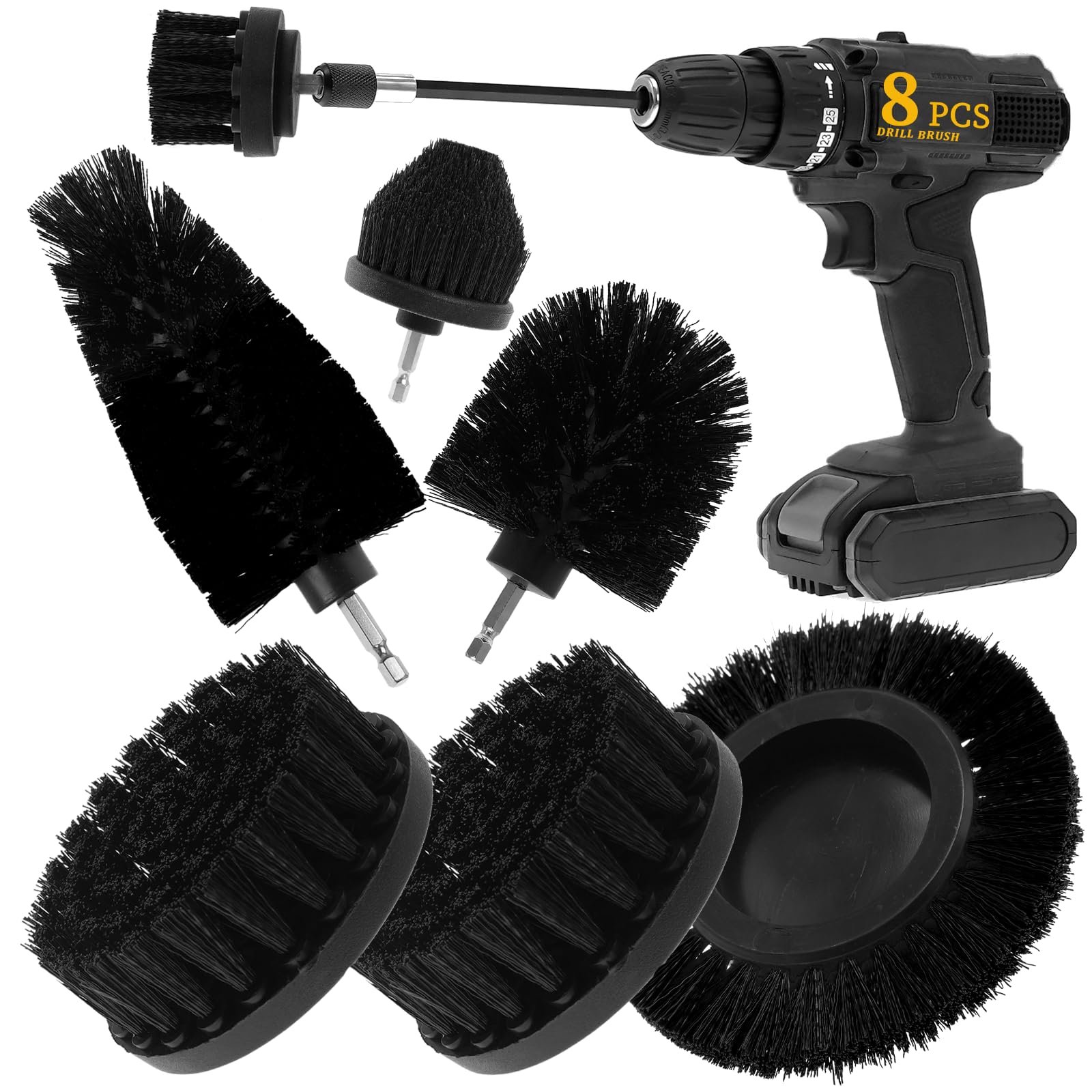 ETOUPA 8 Pcs Drill Brush Attachment Set, Power Cleaning Scrub Brush Kit with Extend Long Attachment, All Purpose Drill Scrub Bru