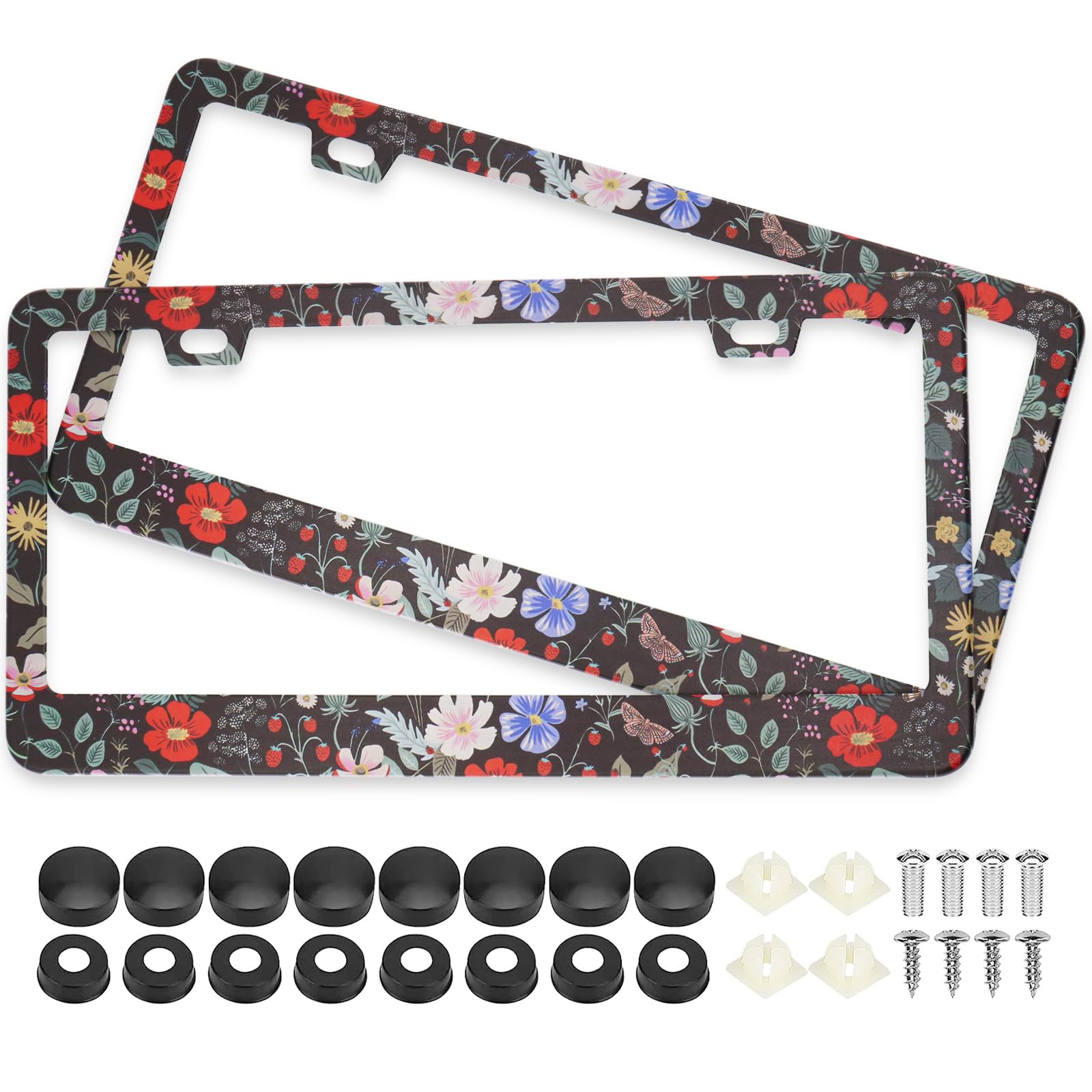 Floral Flowers Strawberries License Plate Frames, 2 Pack Floral Strawberry Car Plate Frame, Stainless Steel License Plate Holder