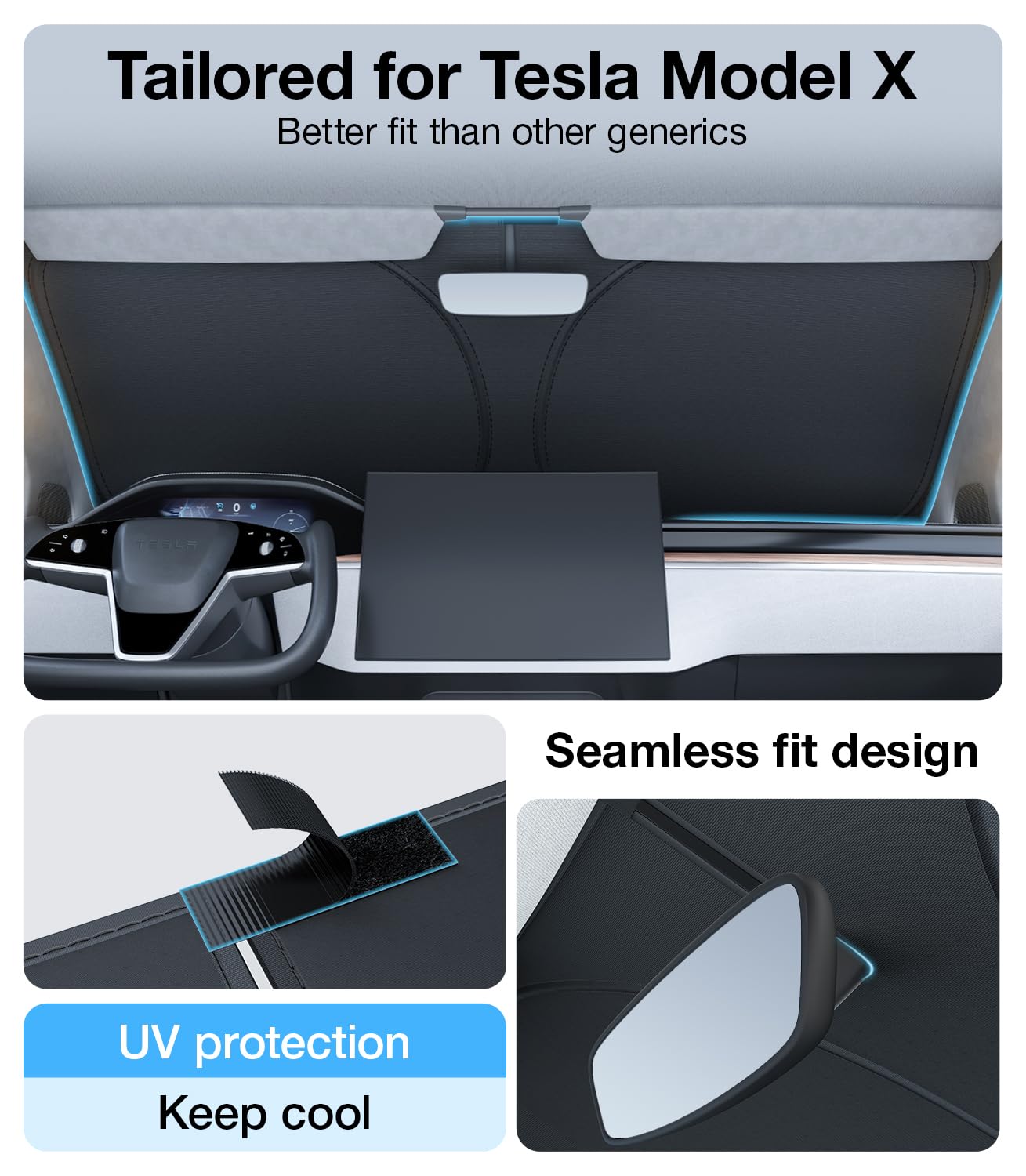 2025 Upgraded Accessories Tesla Model X Windshield Sunshade [Ice Shield Tech Fabric, 100% Sun Blockage], Foldable Heat Insulatio