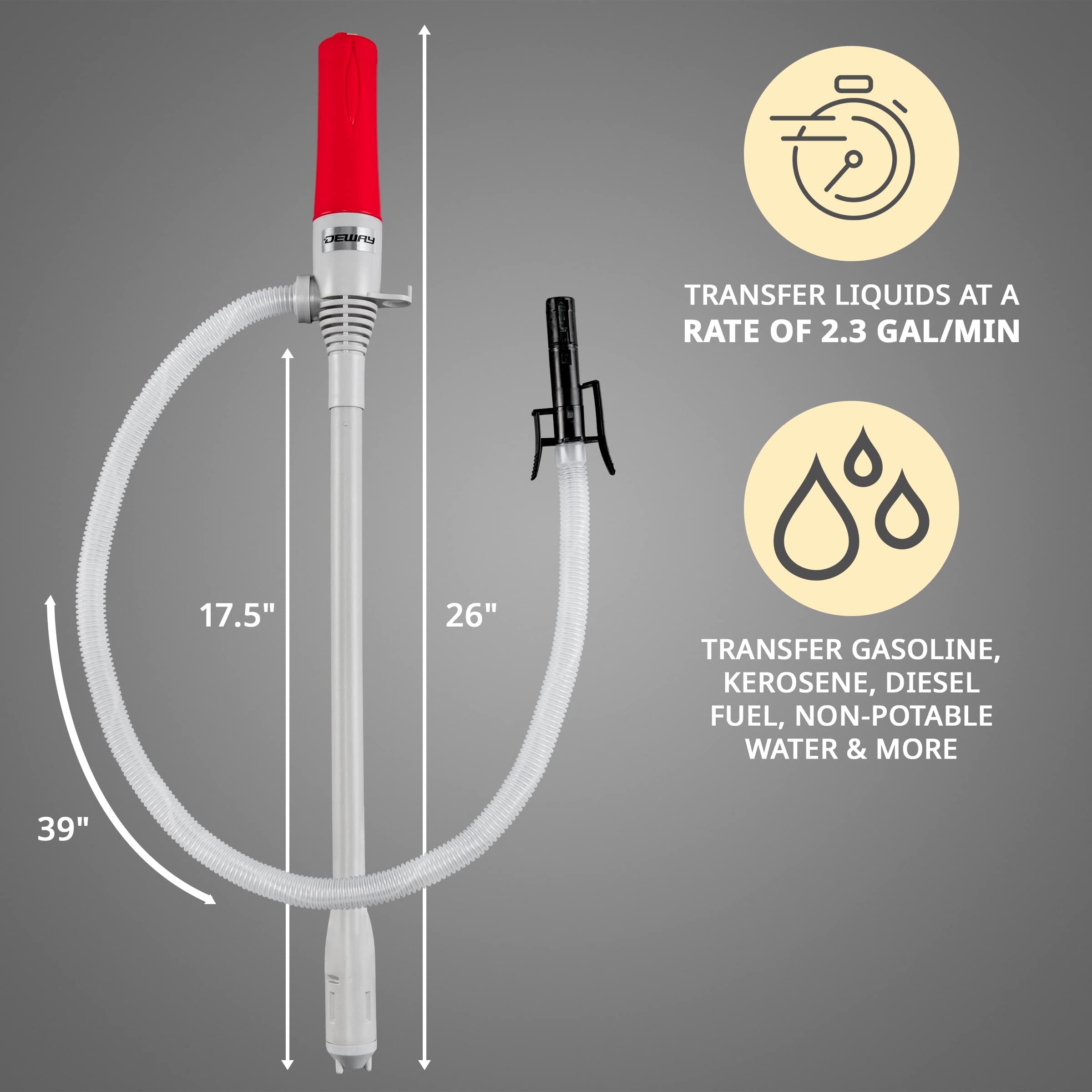 Deway Automatic Fuel Transfer Pump With Auto-Stop, 3X More Powerful D Battery Powered, Extra Long Hose, Portable Liquid Pump Tra
