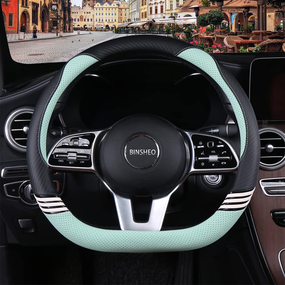 Binsheo Cute Steering Wheel Cover D Shape For Girls Women Universal 15 Inch,Black And Green