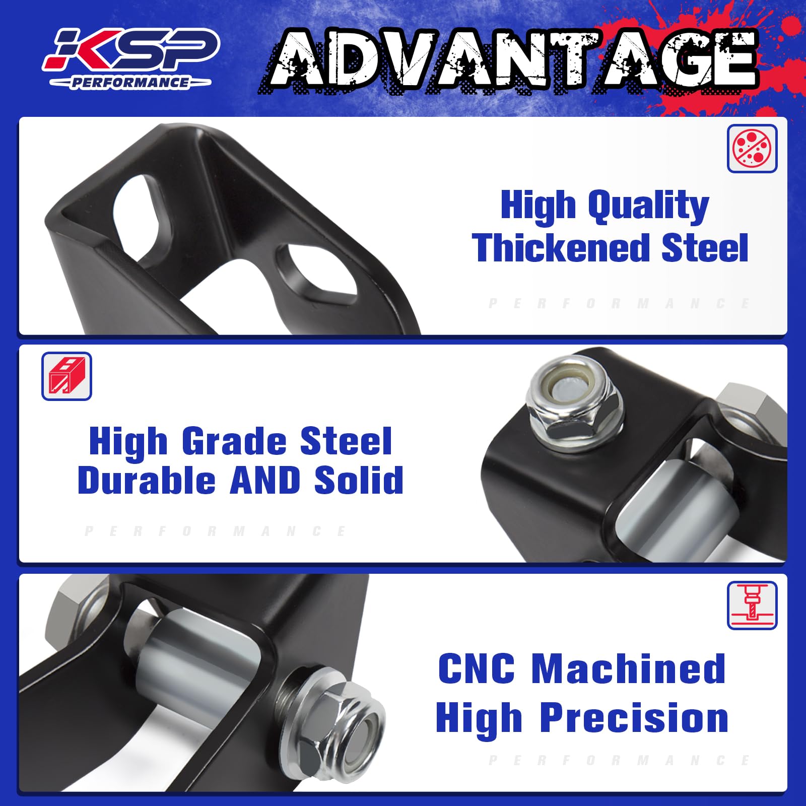 KSP PERFORMANCE Shock Extenders Kit for 1988-1999 Chevy GMC K1500 K2500 4WD, Alloy Steel, Black, Model 9F723P2