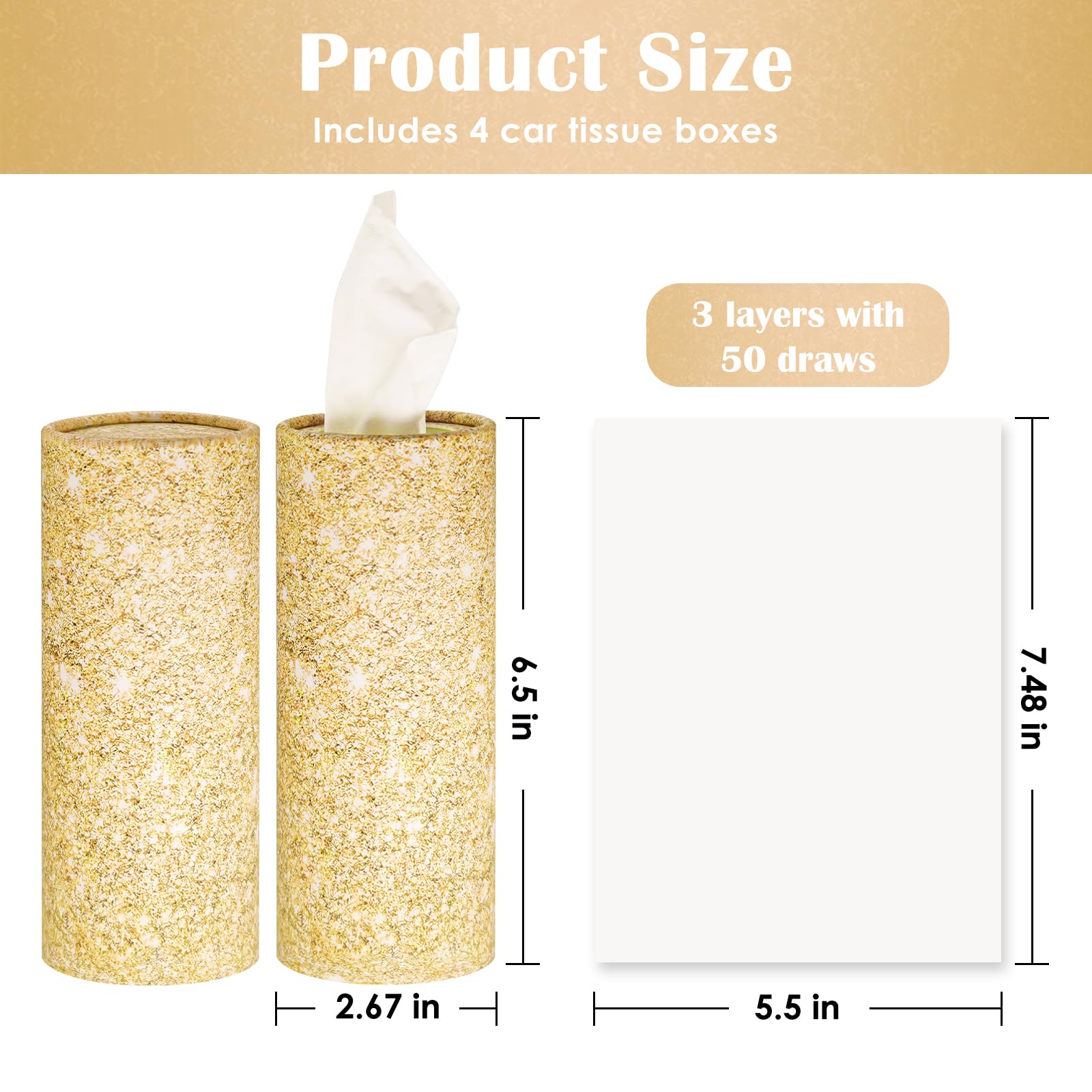 Car Tissues Holder,4 Pack Car Tissue Box,Travel Tissue Tubes for Car Cup Holder(200 Tissue/3-ply) (Gold)