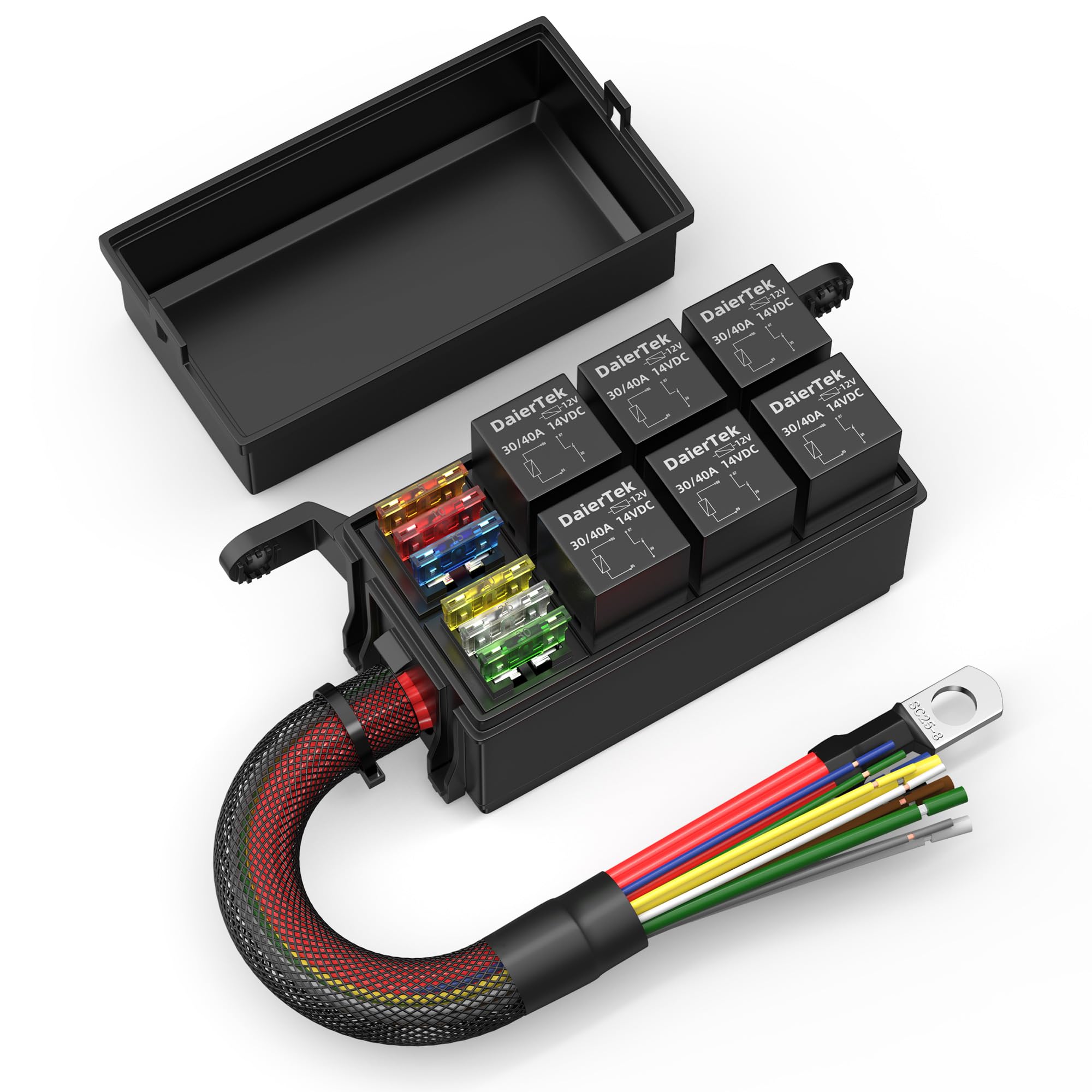 Daiertek 12V Relay Box 6 Way Relay Fuse Box 12 Awg Pre-Wired Waterproof Relay Box 6 Slot Atc/Ato Fuse Relay Block Universal Rela